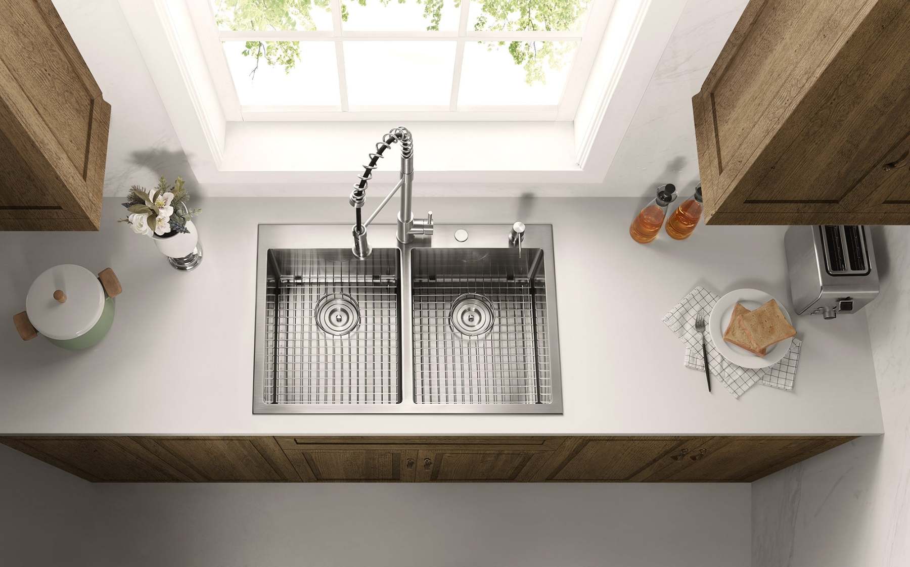 Stainless Steel 33-in. 50/50 Double Bowl Drop-in or Undermount Kitchen Sink with Thick Deck and Grids, DD3322R-Serene Valley