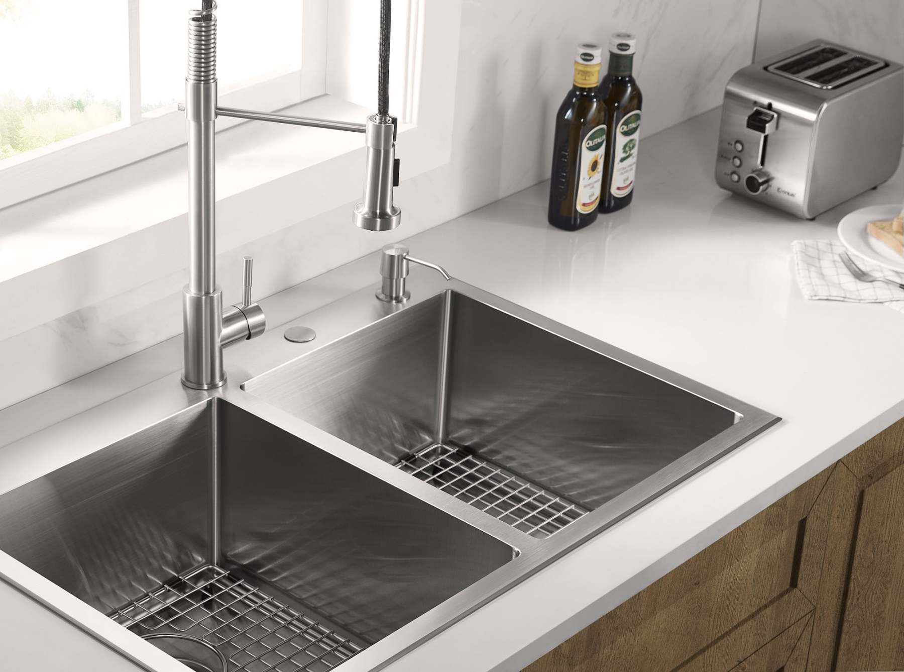 Stainless Steel 33-in. 50/50 Double Bowl Drop-in or Undermount Kitchen Sink with Thick Deck and Grids, DD3322R-Serene Valley