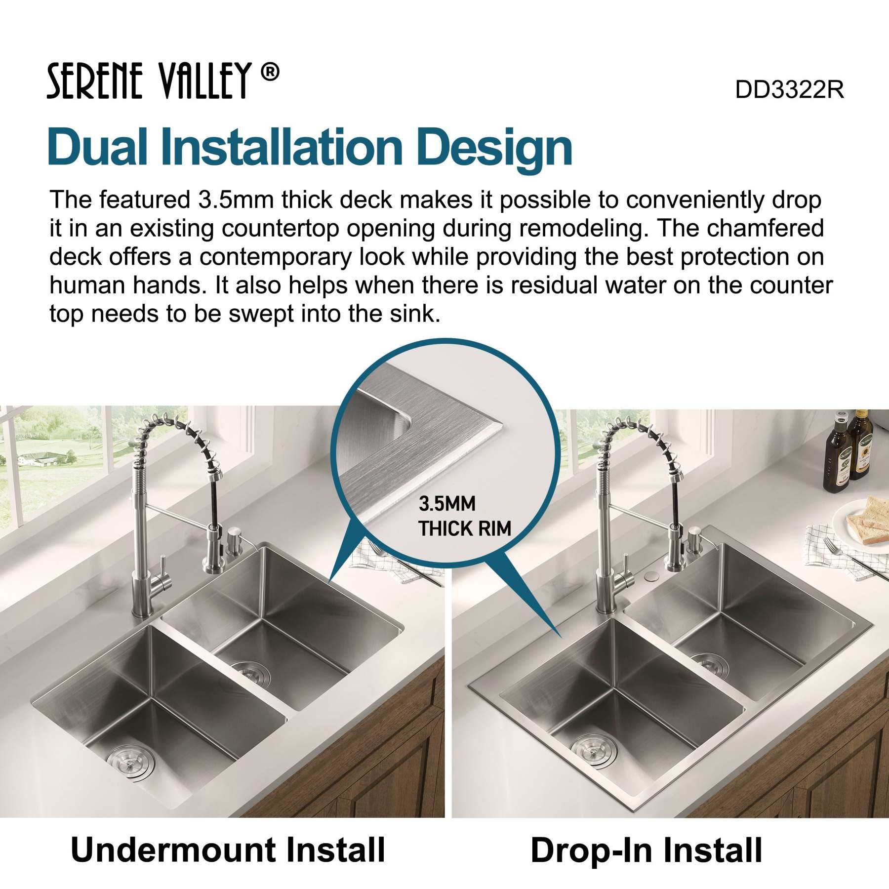 Stainless Steel 33-in. 50/50 Double Bowl Drop-in or Undermount Kitchen Sink with Thick Deck and Grids, DD3322R-Serene Valley