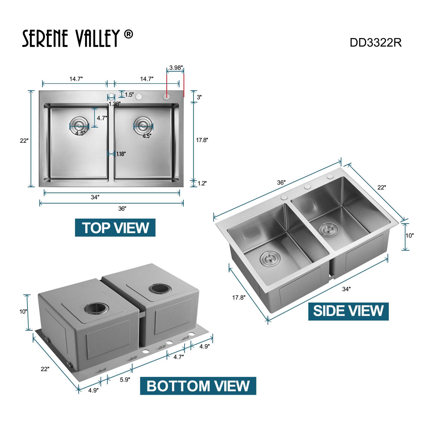 Stainless Steel 33-in. 50/50 Double Bowl Drop-in or Undermount Kitchen Sink with Thick Deck and Grids, DD3322R-Serene Valley