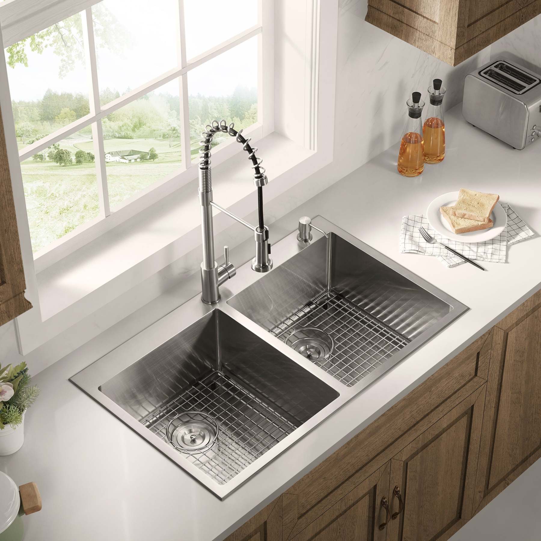 Stainless Steel 36-in. 50/50 Double Bowl Drop-in or Undermount Kitchen Sink with Thick Deck and Grids, DD3622R-Serene Valley