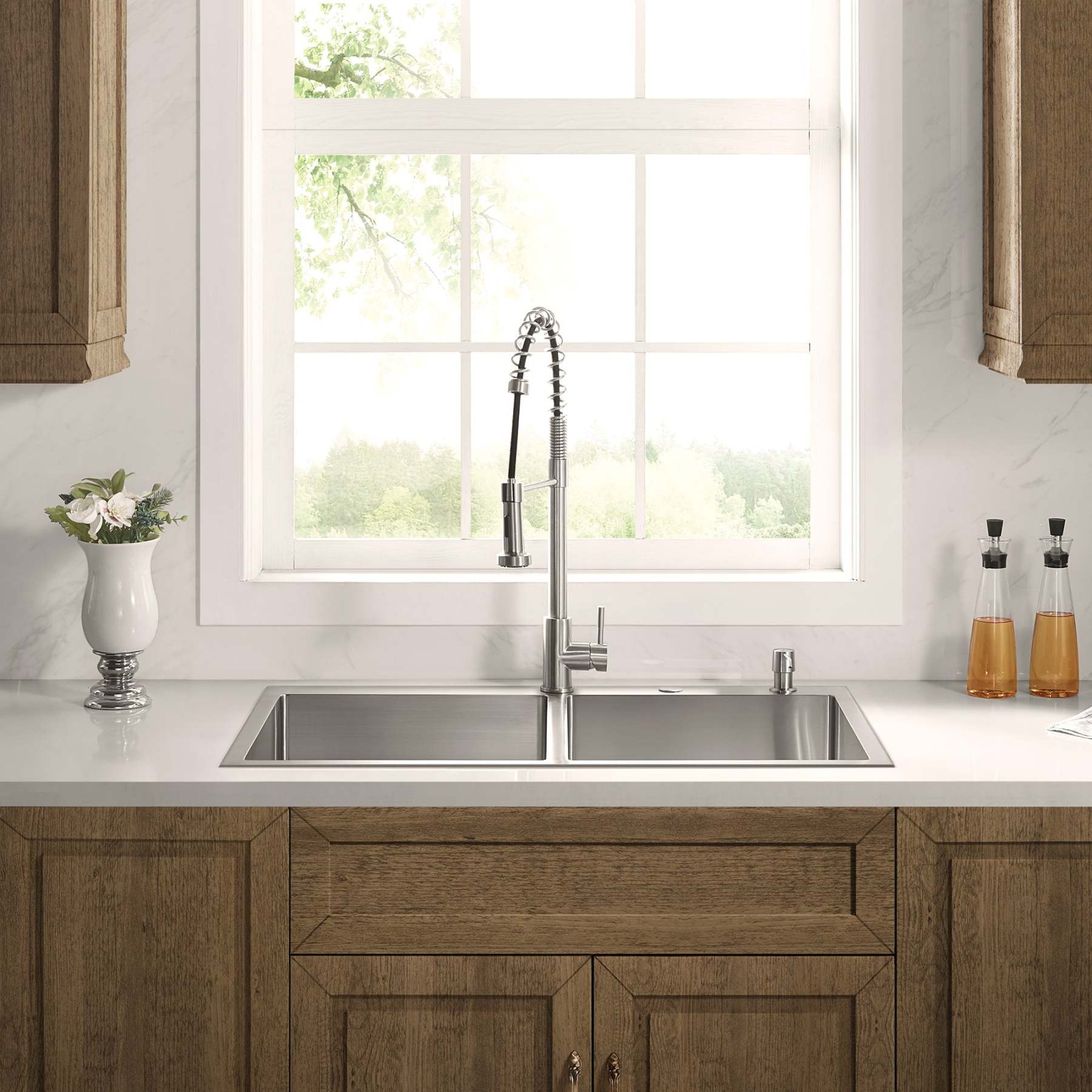 Stainless Steel 36-in. 50/50 Double Bowl Drop-in or Undermount Kitchen Sink with Thick Deck and Grids, DD3622R-Serene Valley
