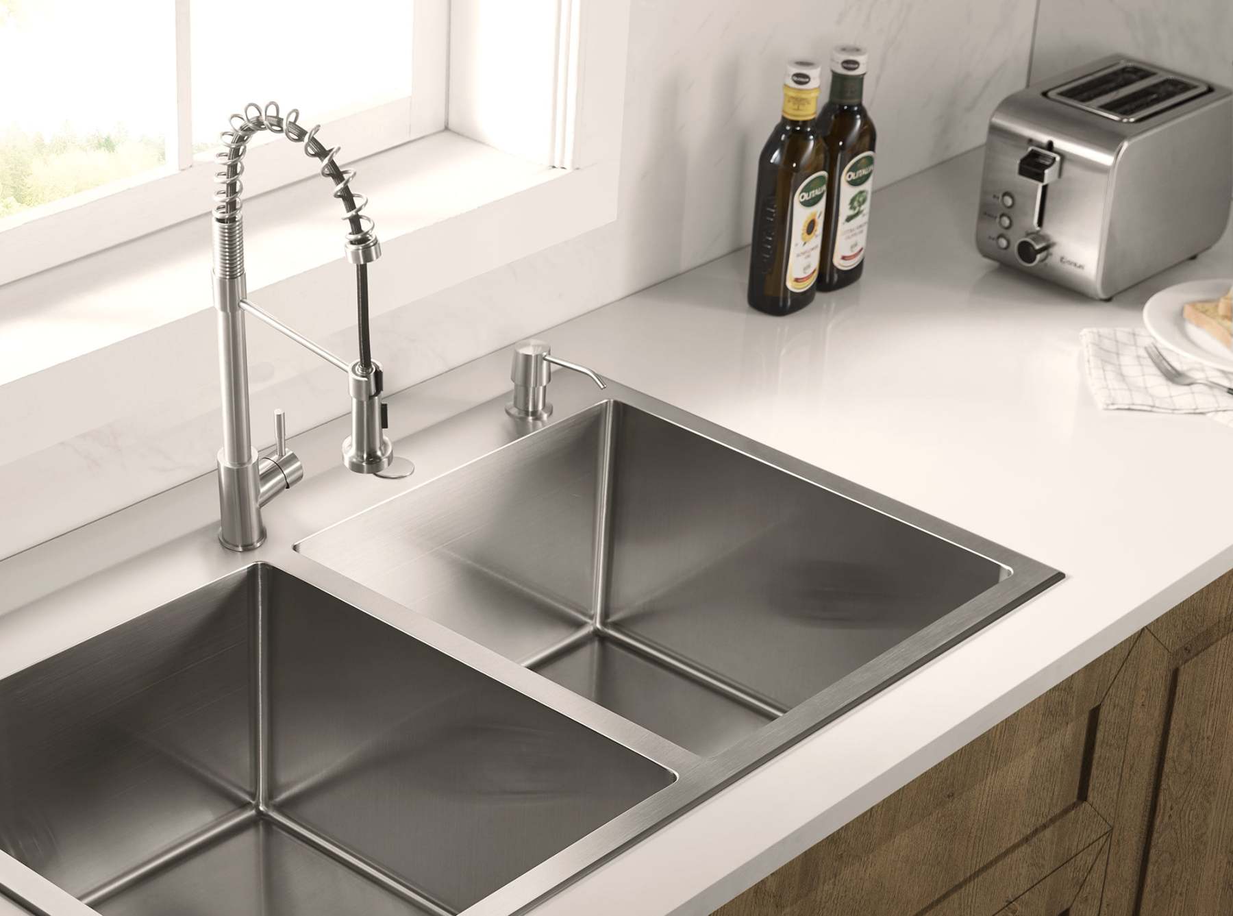 Stainless Steel 36-in. 50/50 Double Bowl Drop-in or Undermount Kitchen Sink with Thick Deck and Grids, DD3622R-Serene Valley