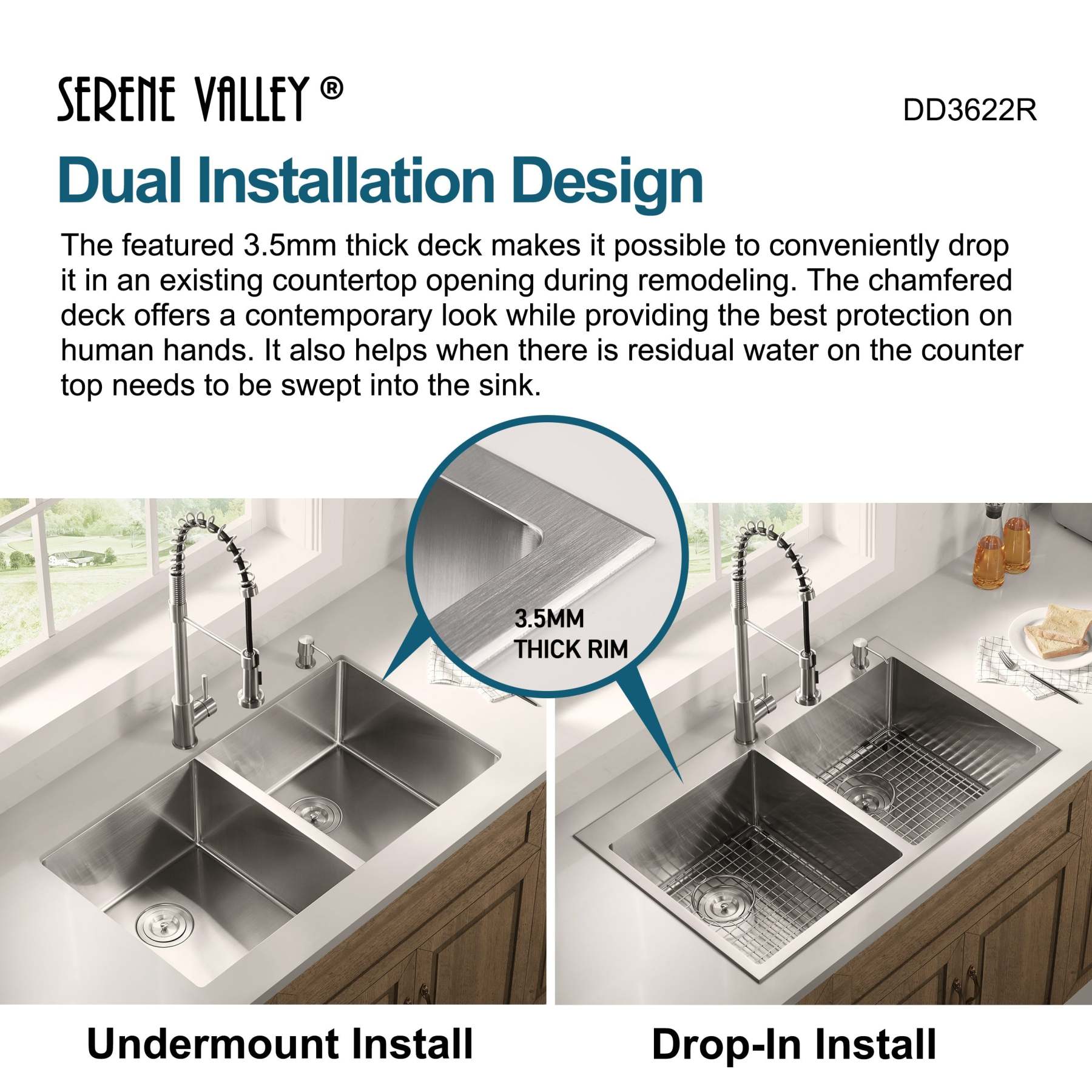 Stainless Steel 36-in. 50/50 Double Bowl Drop-in or Undermount Kitchen Sink with Thick Deck and Grids, DD3622R-Serene Valley