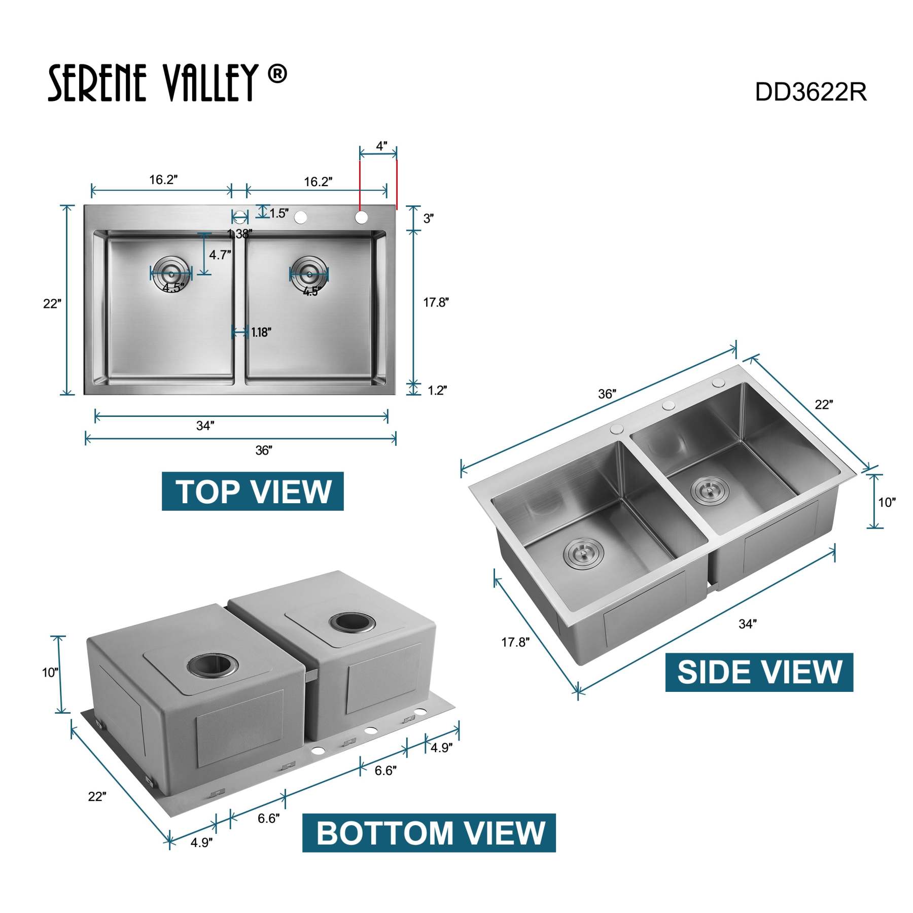 Stainless Steel 36-in. 50/50 Double Bowl Drop-in or Undermount Kitchen Sink with Thick Deck and Grids, DD3622R-Serene Valley