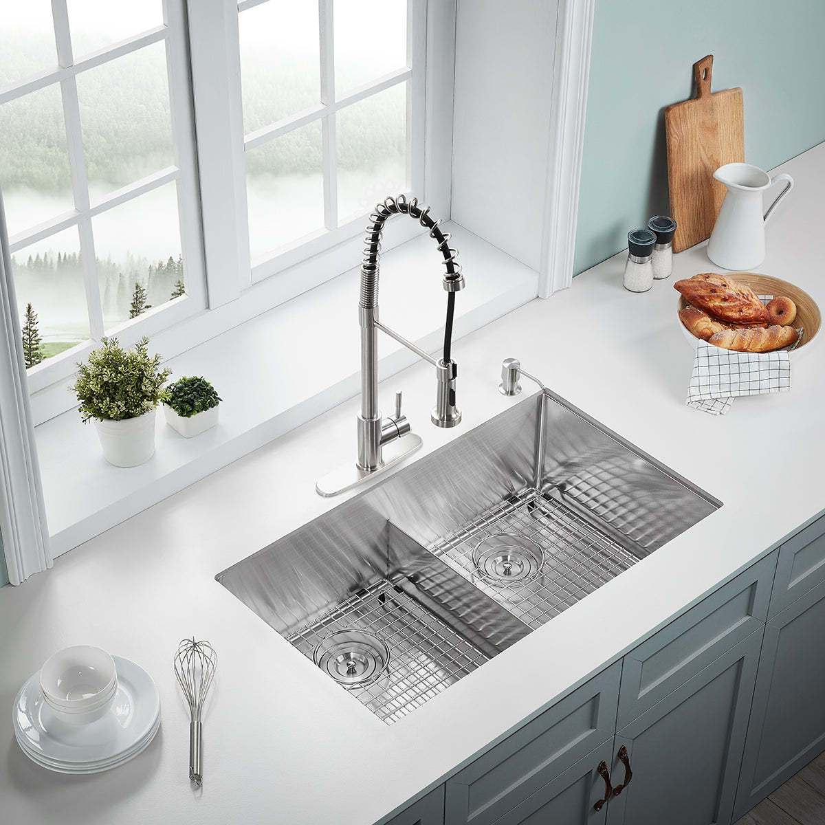 Serene Valley Stainless Steel Kitchen Sink,33-inch Thick Deck Dual Mount, Double Bowl with Unique Thin Divider, Heavy-Duty Grids DDG3322R-Serene Valley
