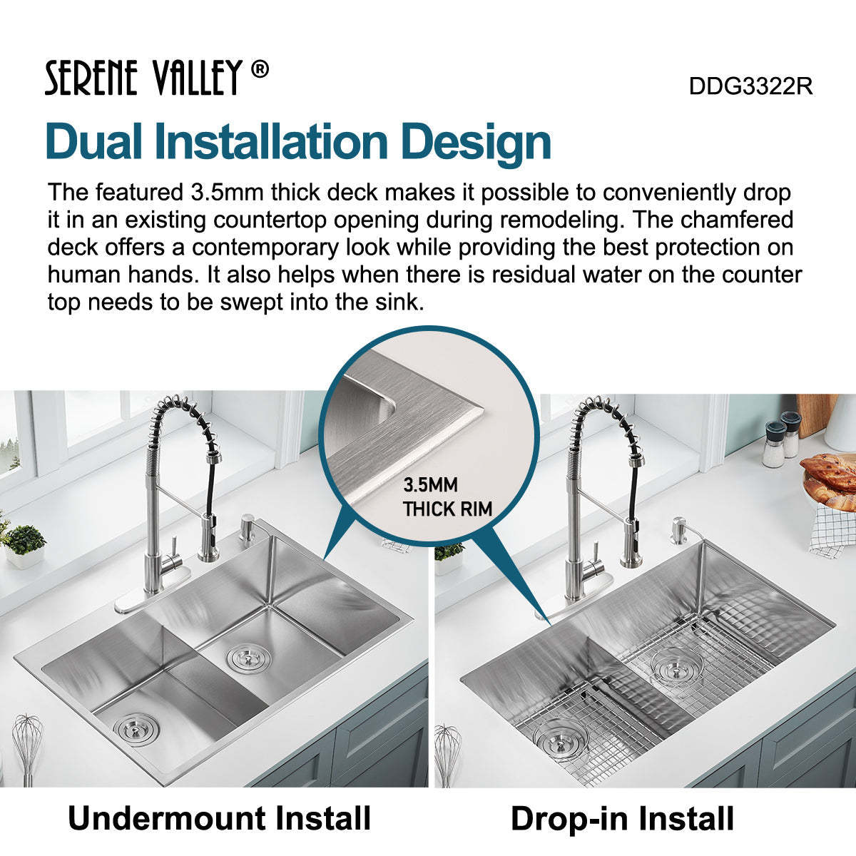 Serene Valley Stainless Steel Kitchen Sink,33-inch Thick Deck Dual Mount, Double Bowl with Unique Thin Divider, Heavy-Duty Grids DDG3322R-Serene Valley