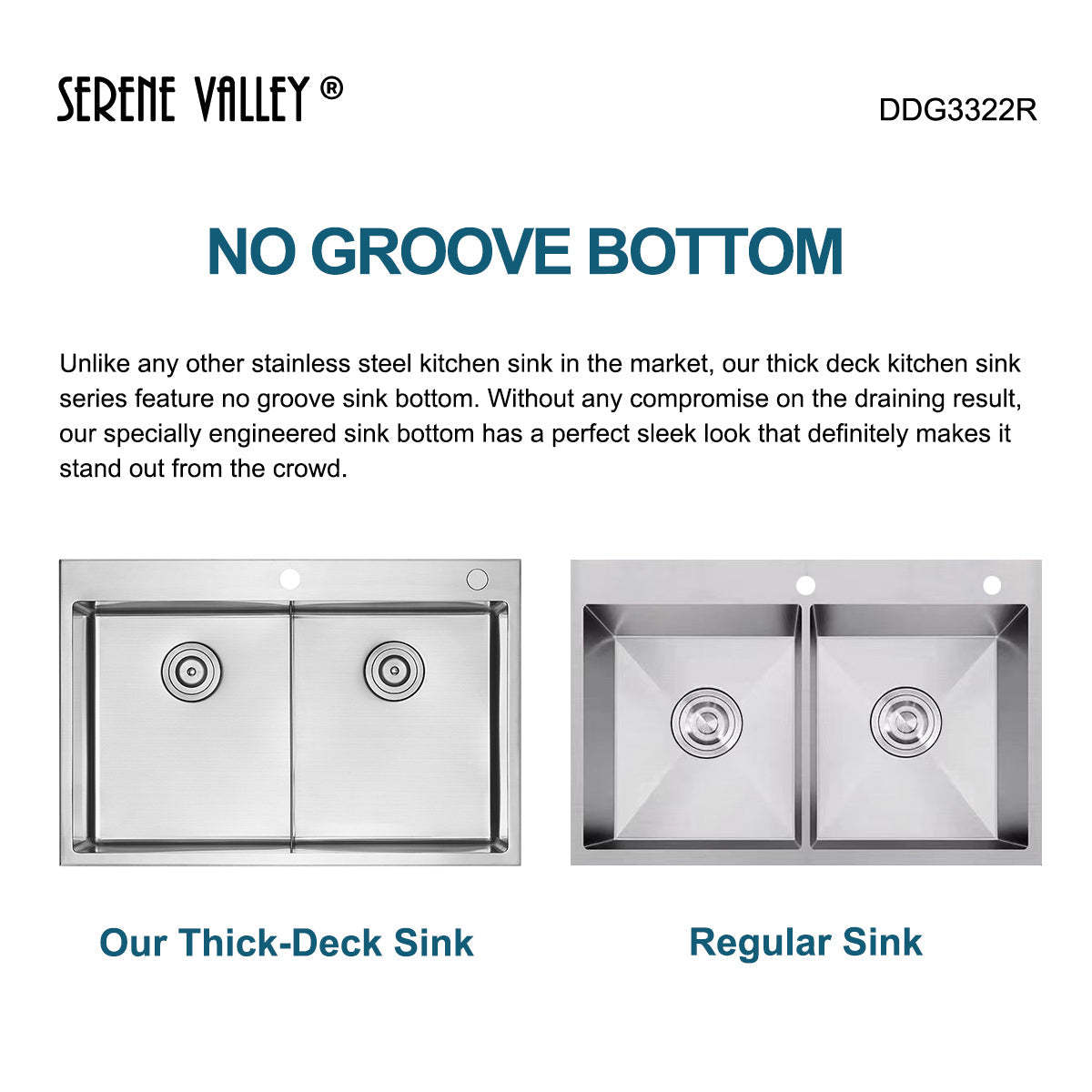 Serene Valley Stainless Steel Kitchen Sink,33-inch Thick Deck Dual Mount, Double Bowl with Unique Thin Divider, Heavy-Duty Grids DDG3322R-Serene Valley