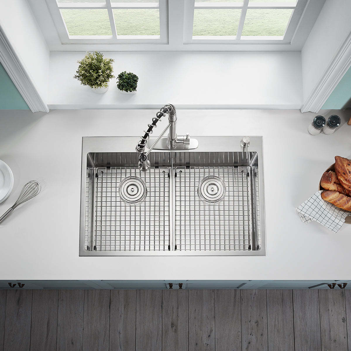 Serene Valley Stainless Steel Kitchen Sink,33-inch Thick Deck Dual Mount, Double Bowl with Unique Thin Divider, Heavy-Duty Grids DDG3322R-Serene Valley