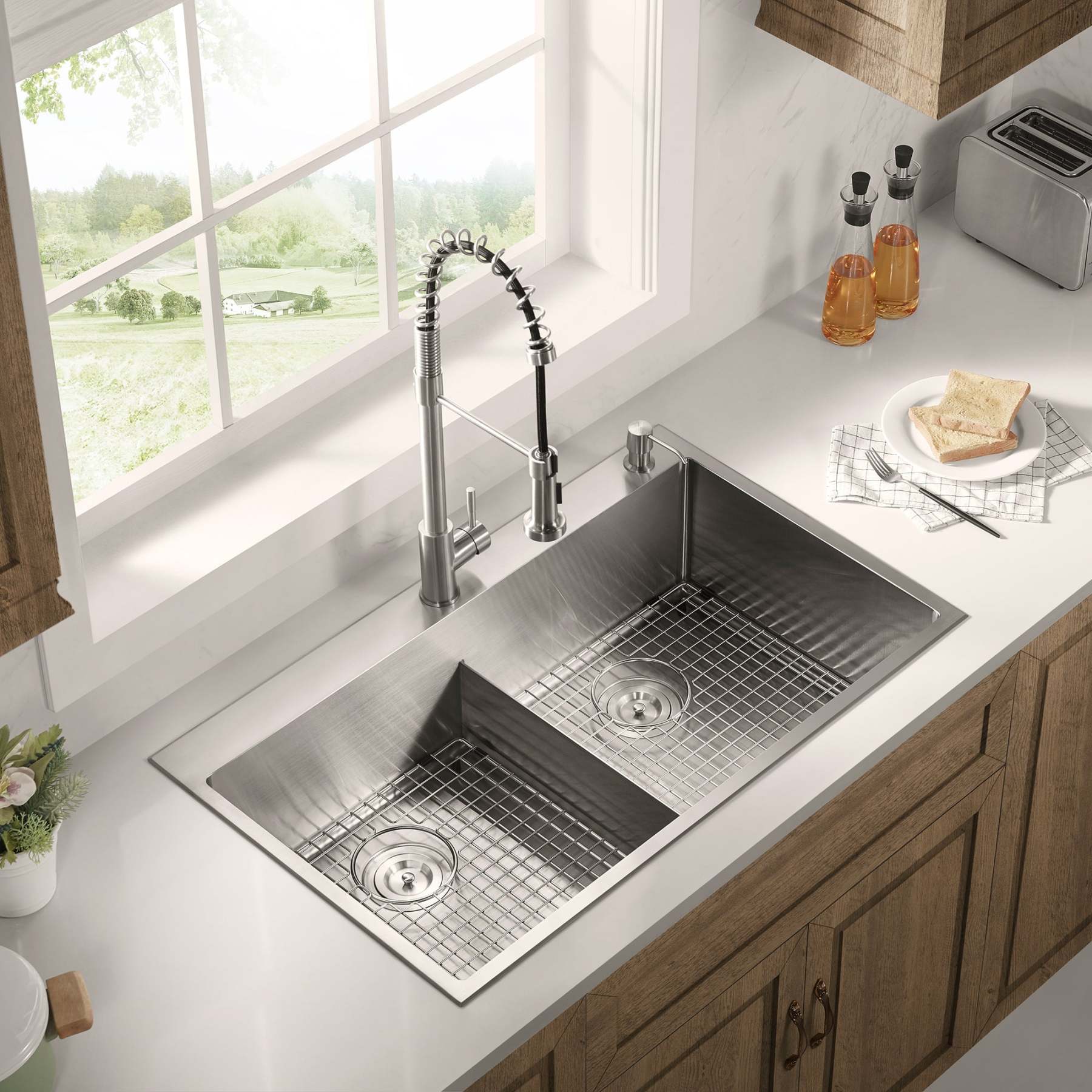 Stainless Steel 36-in. Double Bowl Drop-in or Undermount Kitchen Sink with Thin Divider DDG3622R-Serene Valley