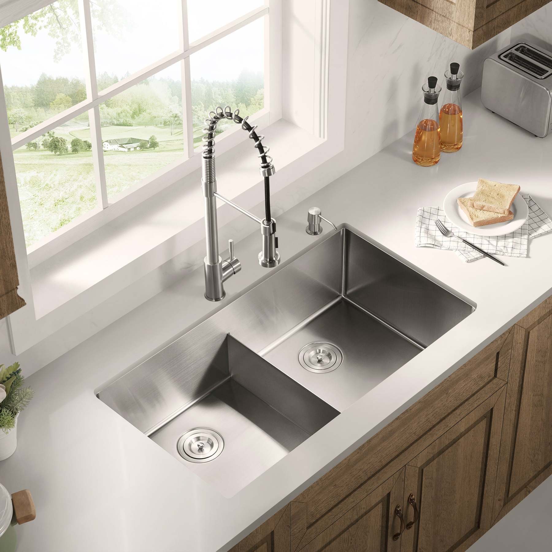 Stainless Steel 36-in. Double Bowl Drop-in or Undermount Kitchen Sink with Thin Divider DDG3622R-Serene Valley