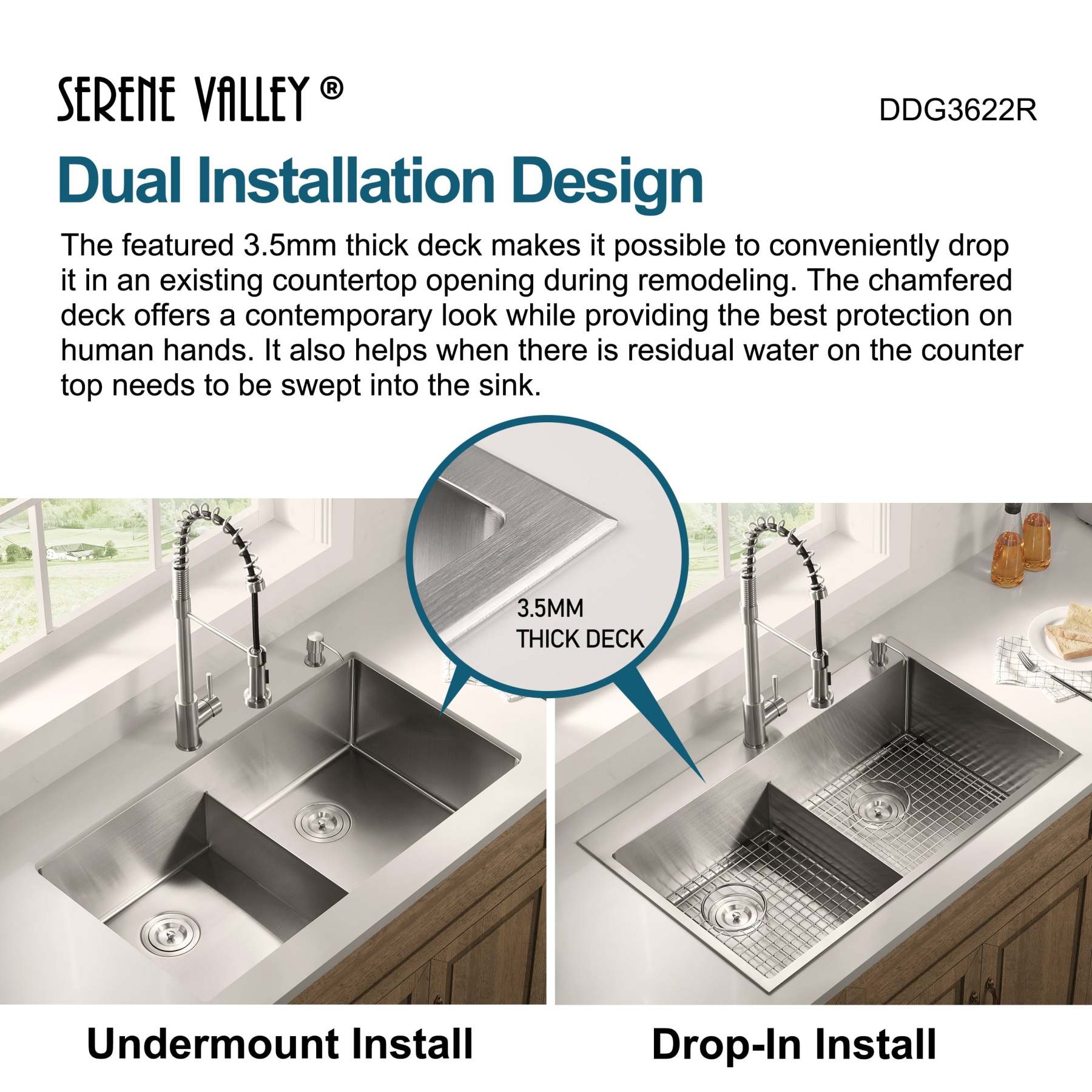 Stainless Steel 36-in. Double Bowl Drop-in or Undermount Kitchen Sink with Thin Divider DDG3622R-Serene Valley