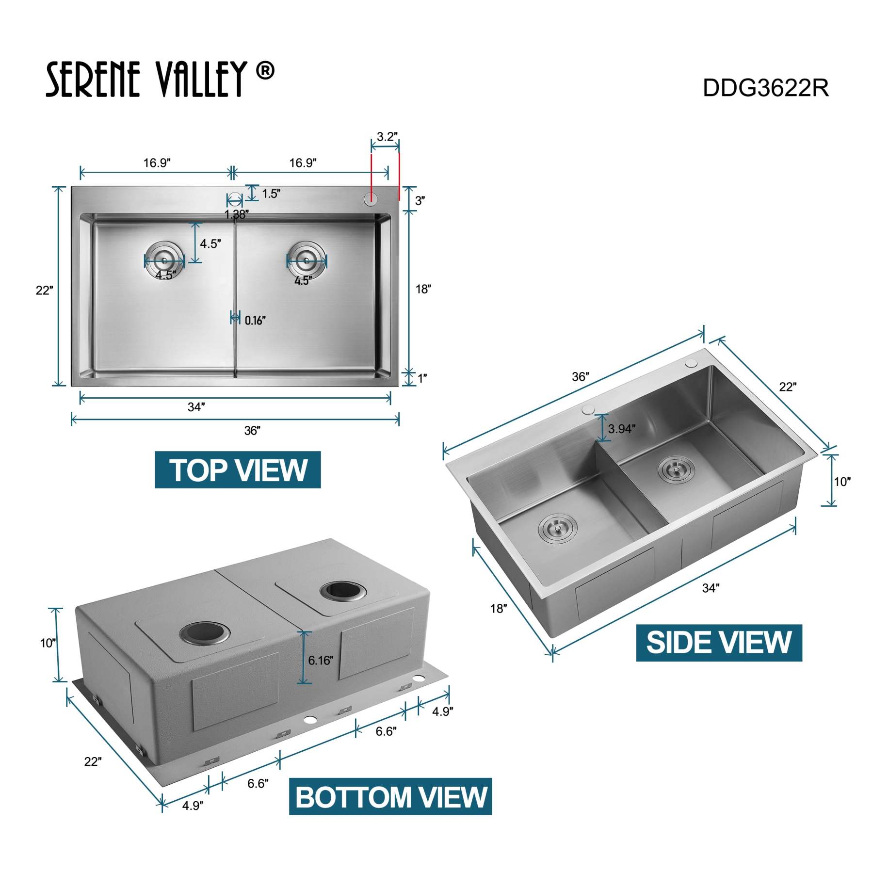Stainless Steel 36-in. Double Bowl Drop-in or Undermount Kitchen Sink with Thin Divider DDG3622R-Serene Valley