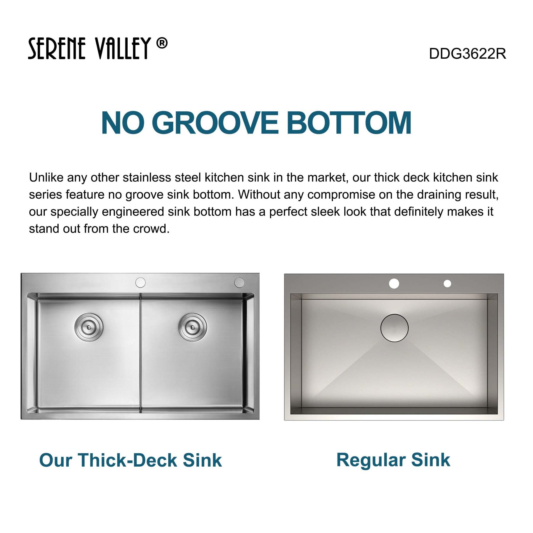 Stainless Steel 36-in. Double Bowl Drop-in or Undermount Kitchen Sink with Thin Divider DDG3622R-Serene Valley