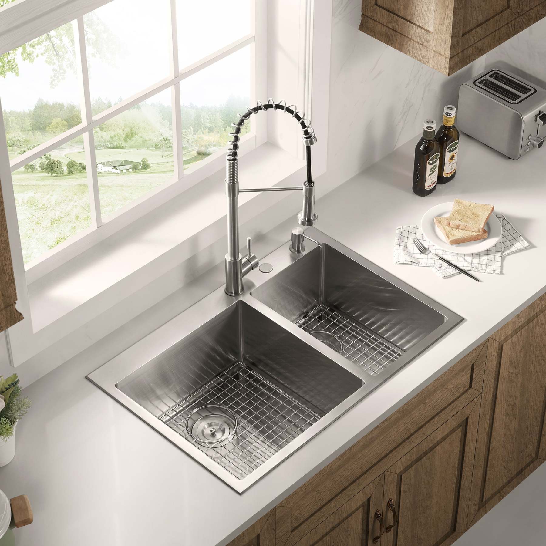 Stainless Steel 33-in. 60/40 Double Bowl Drop-in or Undermount Kitchen Sink with Thick Deck and Grids, DDK3322R-Serene Valley
