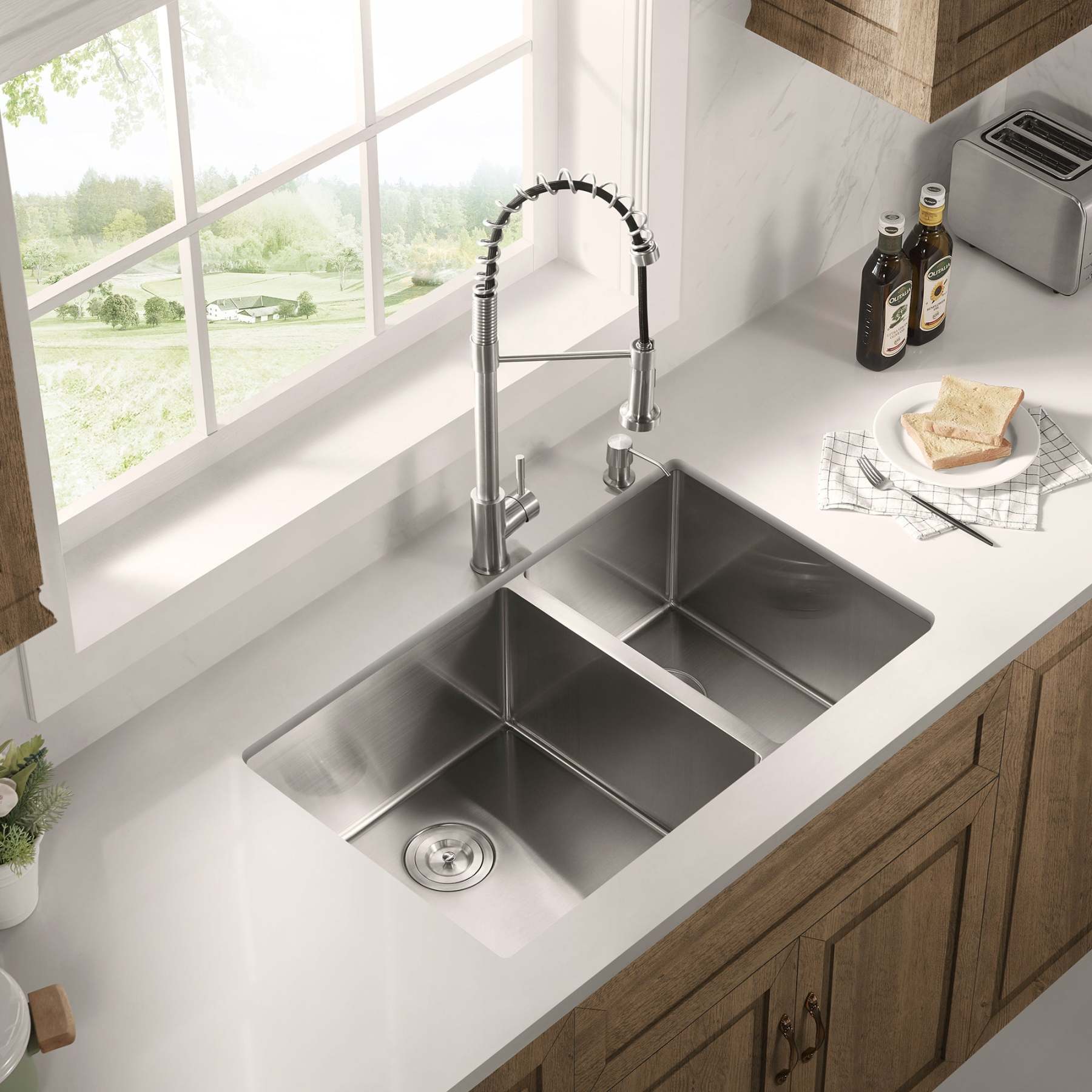Stainless Steel 33-in. 60/40 Double Bowl Drop-in or Undermount Kitchen Sink with Thick Deck and Grids, DDK3322R-Serene Valley