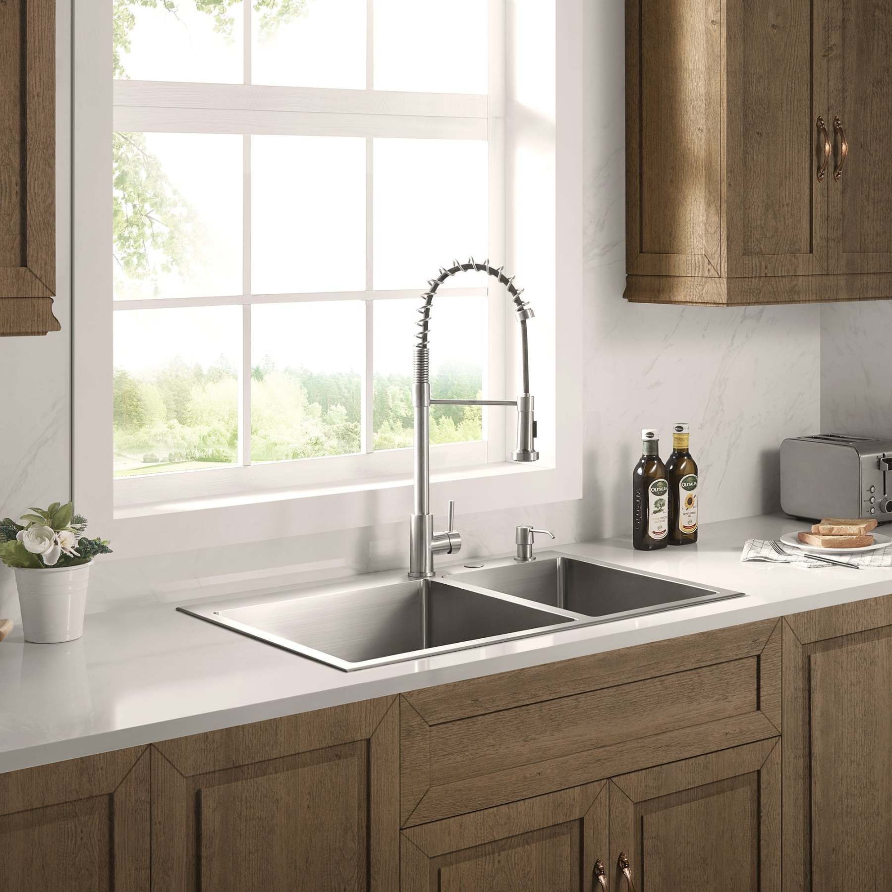 Stainless Steel 33-in. 60/40 Double Bowl Drop-in or Undermount Kitchen Sink with Thick Deck and Grids, DDK3322R-Serene Valley