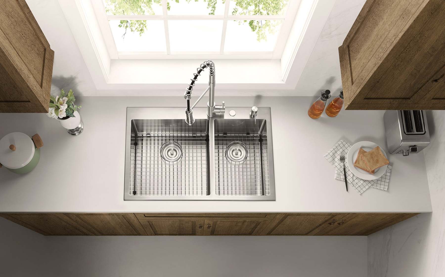 Stainless Steel 33-in. 60/40 Double Bowl Drop-in or Undermount Kitchen Sink with Thick Deck and Grids, DDK3322R-Serene Valley