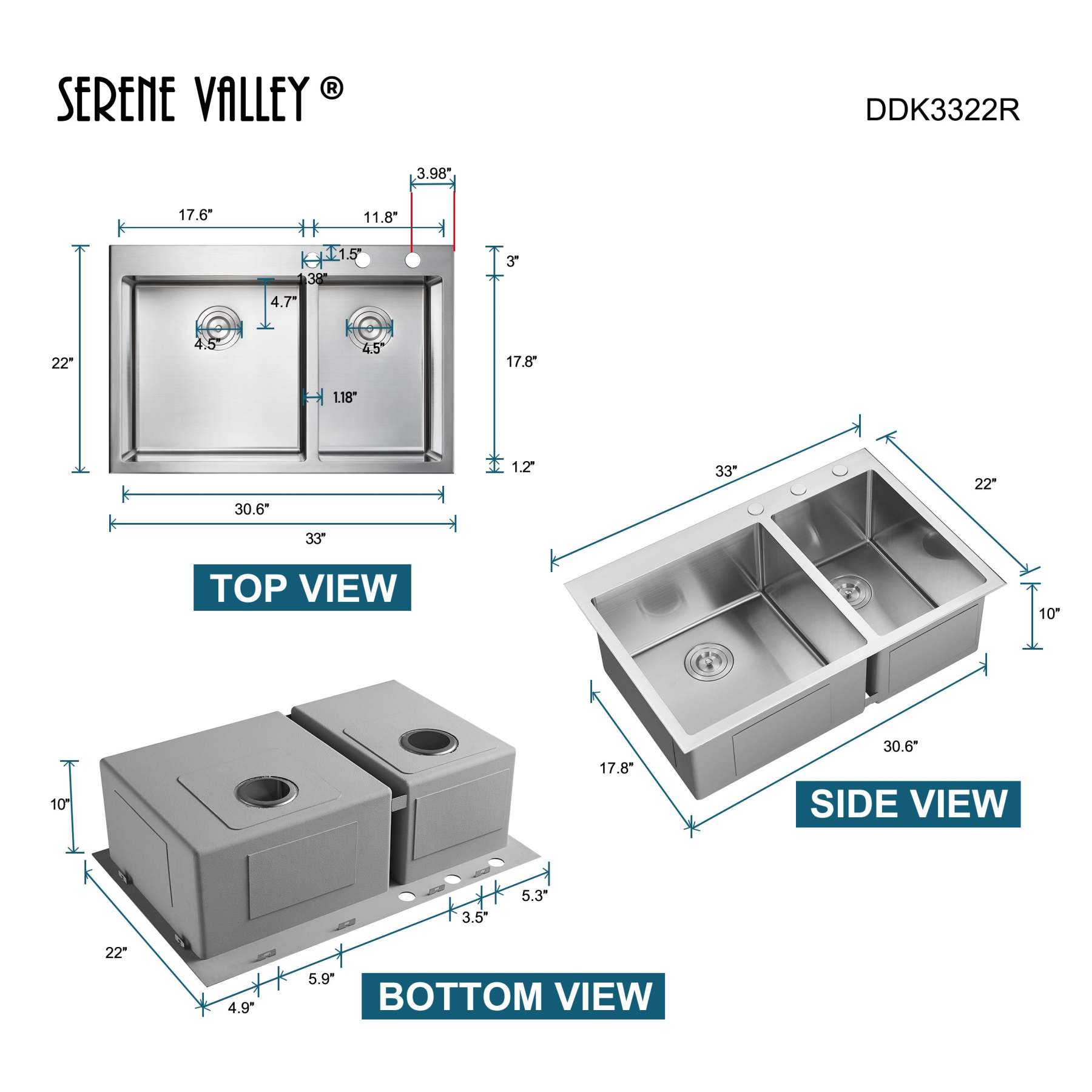 Stainless Steel 33-in. 60/40 Double Bowl Drop-in or Undermount Kitchen Sink with Thick Deck and Grids, DDK3322R-Serene Valley