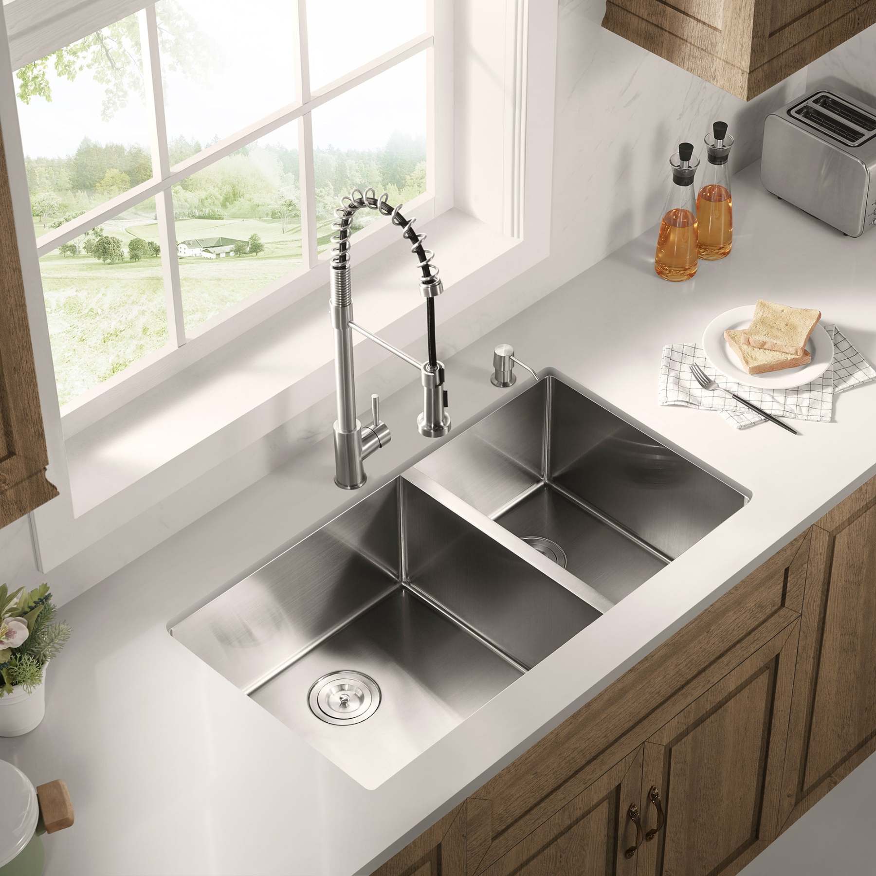 Stainless Steel 36-in. 60/40 Double Bowl Drop-in or Undermount Kitchen Sink with Thick Deck and Grids, DDK3622R-Serene Valley