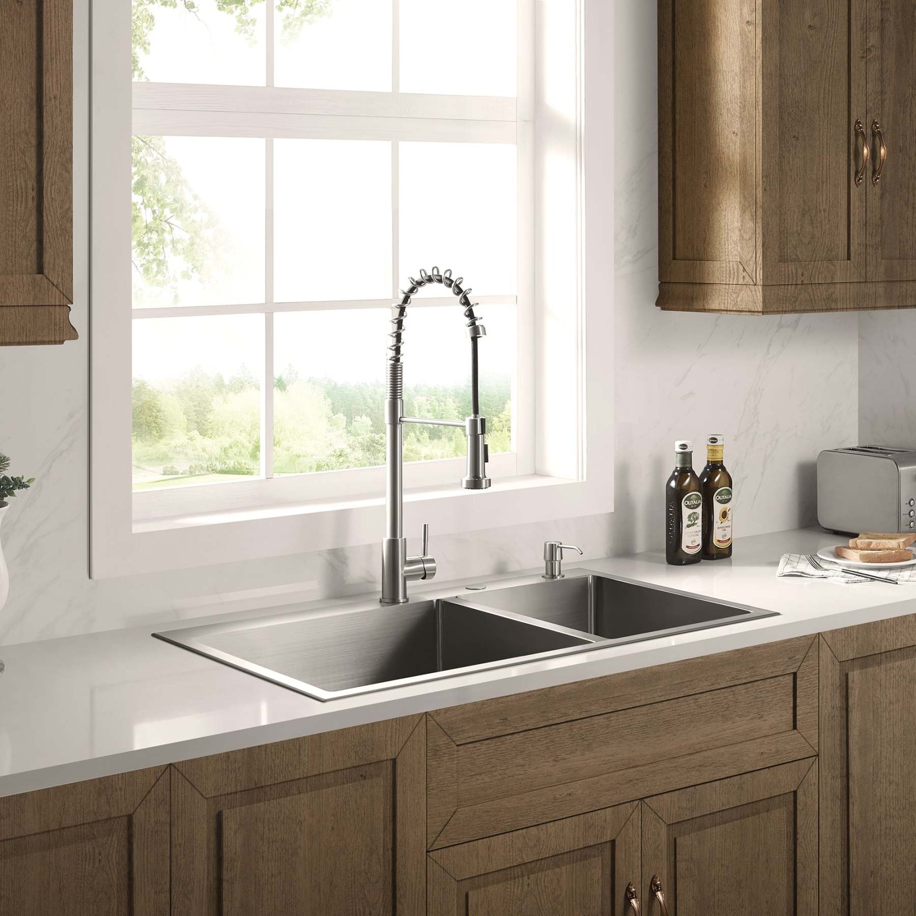 Stainless Steel 36-in. 60/40 Double Bowl Drop-in or Undermount Kitchen Sink with Thick Deck and Grids, DDK3622R-Serene Valley