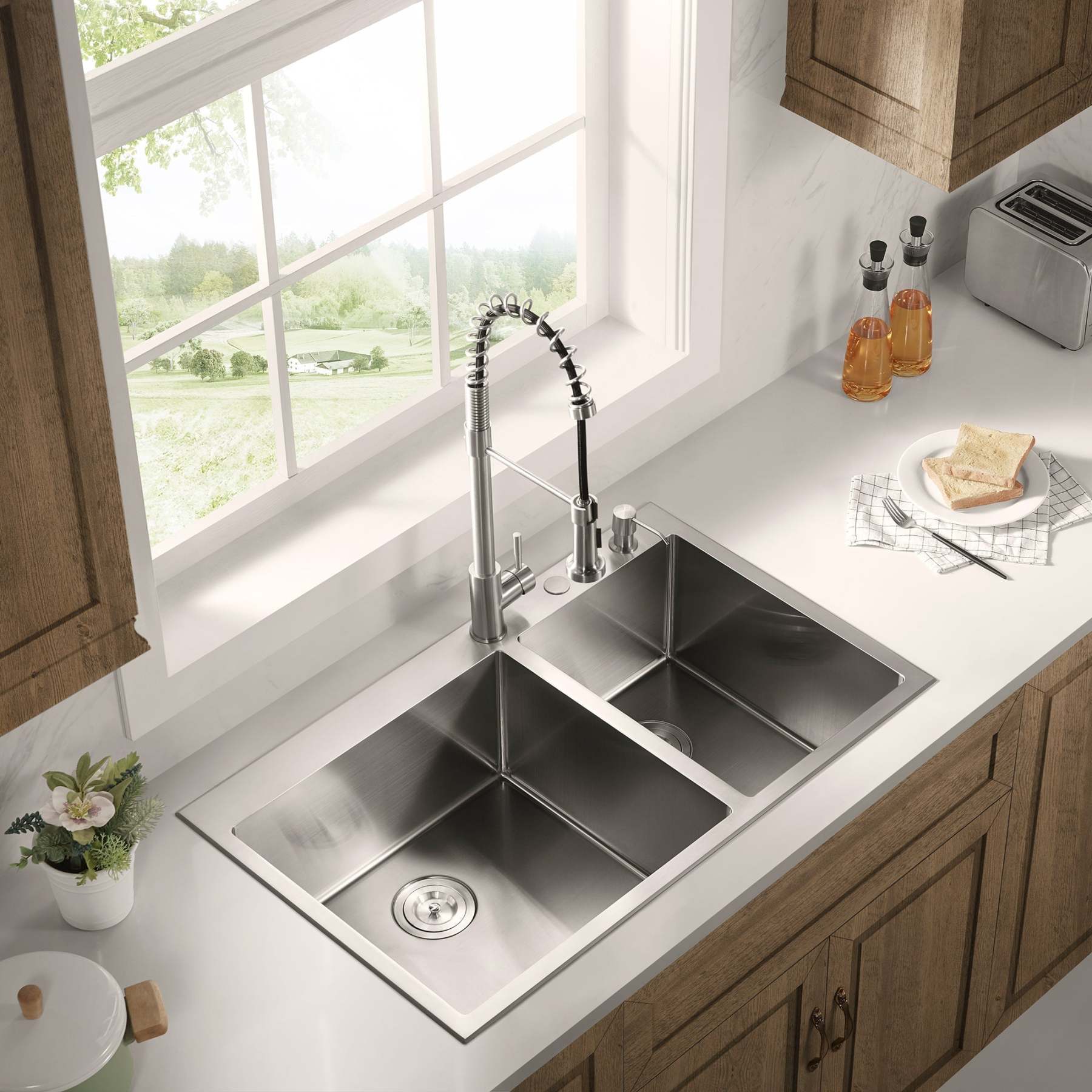 Stainless Steel 36-in. 60/40 Double Bowl Drop-in or Undermount Kitchen Sink with Thick Deck and Grids, DDK3622R-Serene Valley