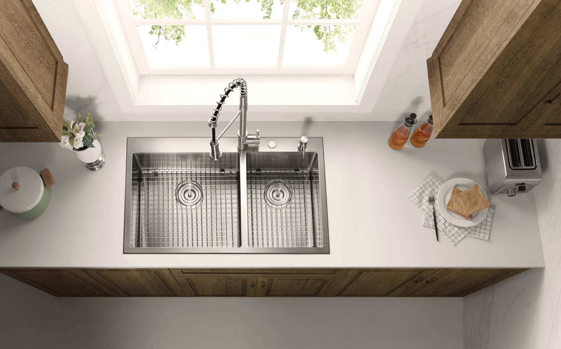 Stainless Steel 36-in. 60/40 Double Bowl Drop-in or Undermount Kitchen Sink with Thick Deck and Grids, DDK3622R-Serene Valley