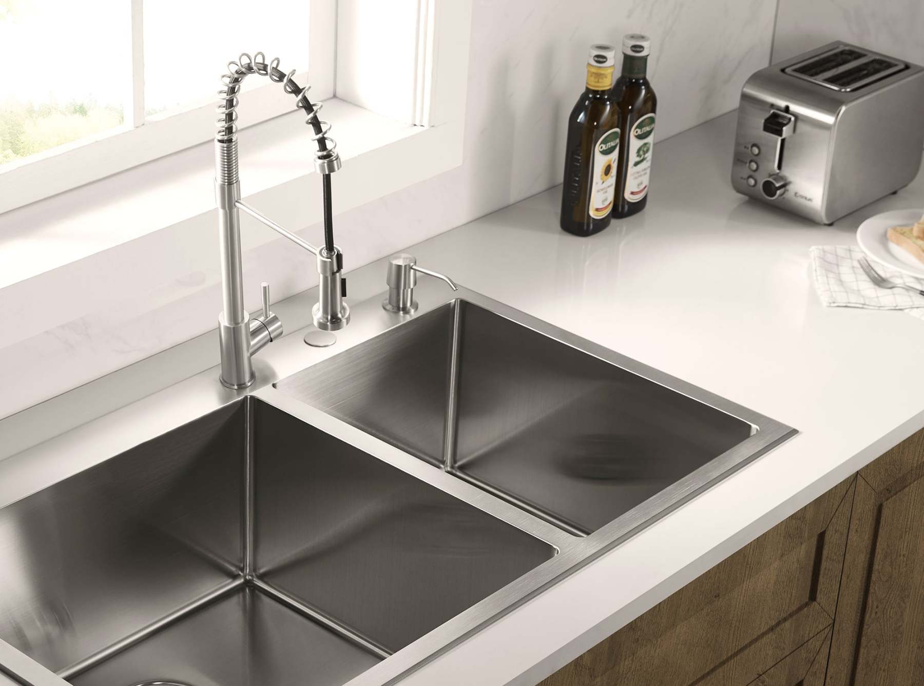 Stainless Steel 36-in. 60/40 Double Bowl Drop-in or Undermount Kitchen Sink with Thick Deck and Grids, DDK3622R-Serene Valley