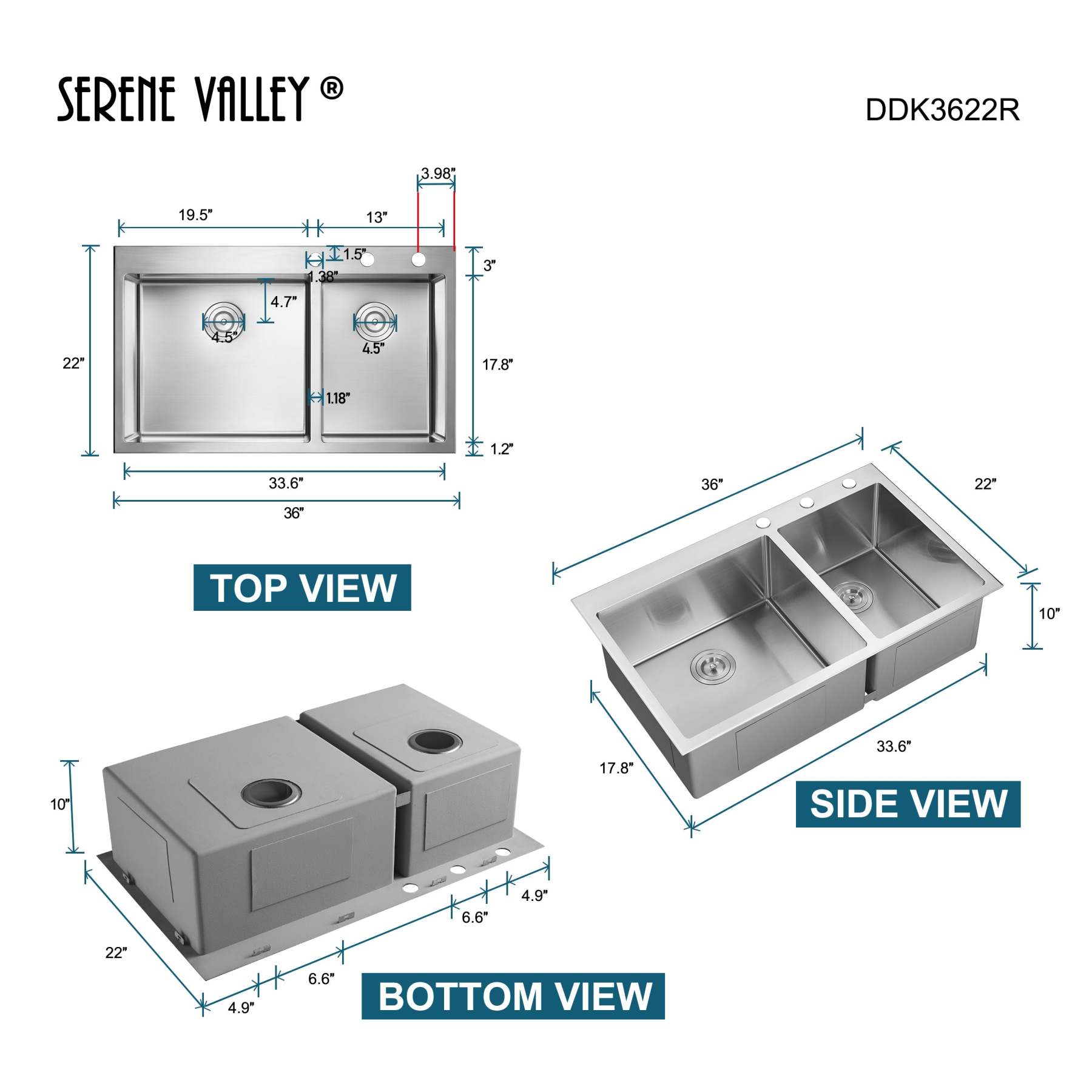 Stainless Steel 36-in. 60/40 Double Bowl Drop-in or Undermount Kitchen Sink with Thick Deck and Grids, DDK3622R-Serene Valley