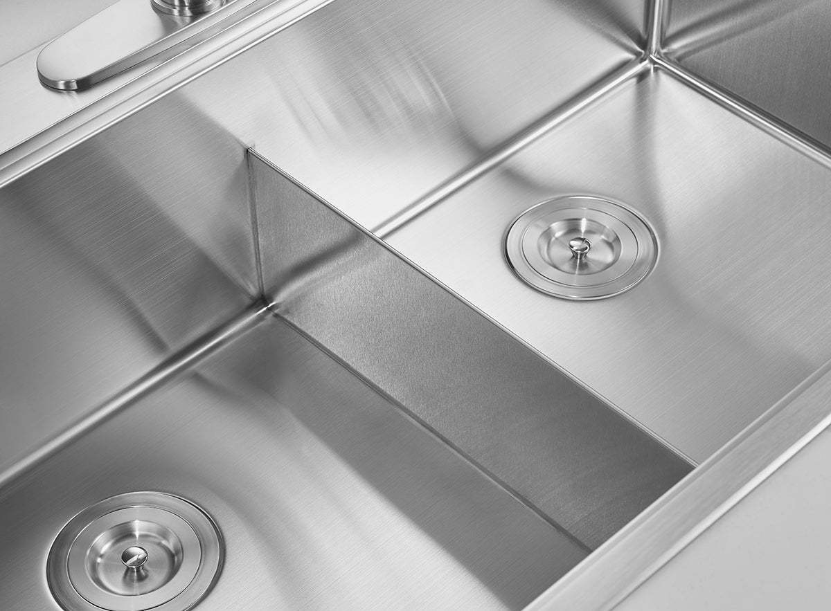 Serene Valley Stainless Steel Kitchen Sink,33-inch Thick Deck Dual Mount, Double Bowl with Unique Thin Divider, Heavy-Duty Grids DDG3322R-Serene Valley