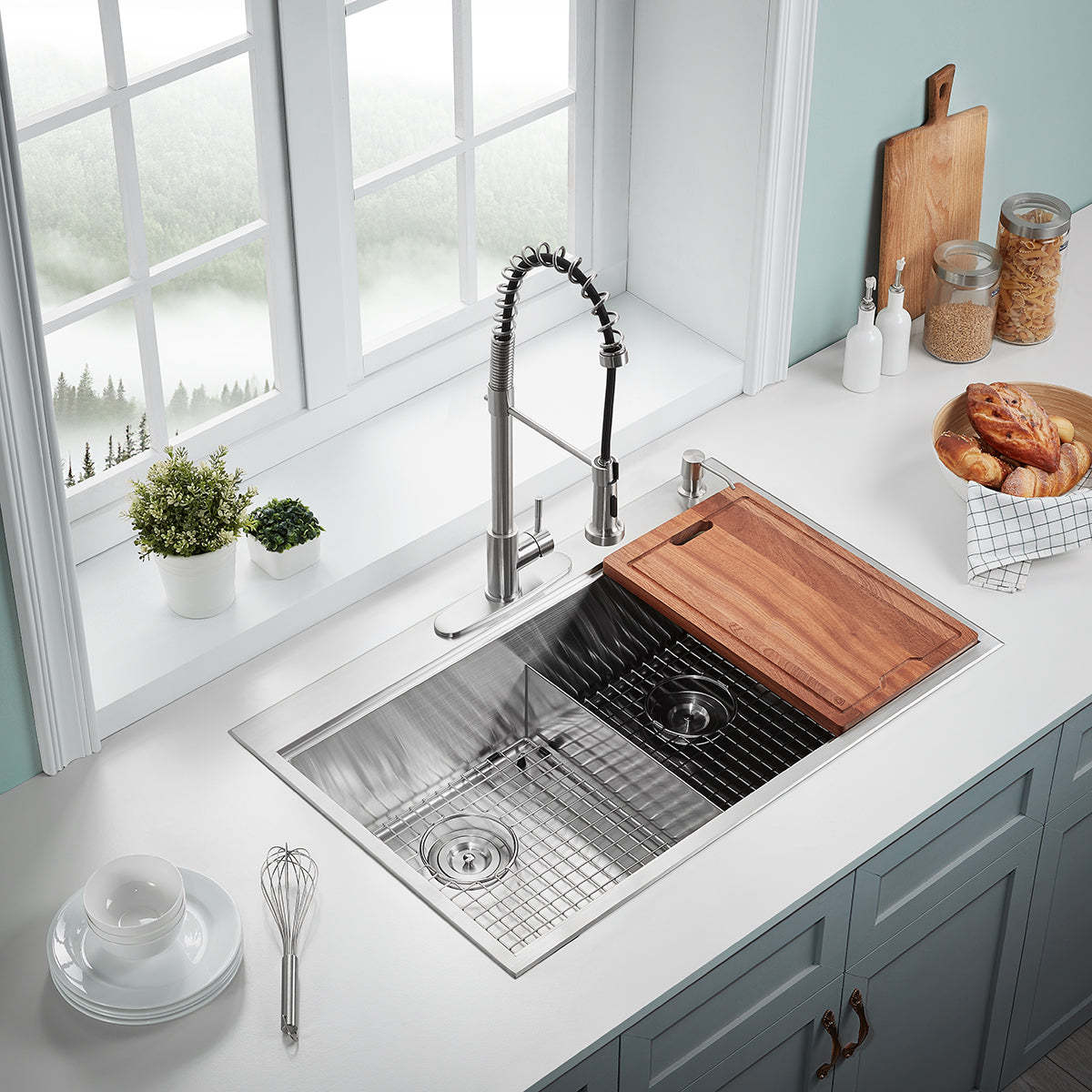 Serene Valley Workstation Kitchen Sink, 36-inch Thick-Deck Dual Mount, Cutting Board, Unique Thin Divider and Heavy-Duty Grids DDWG3622R-Serene Valley