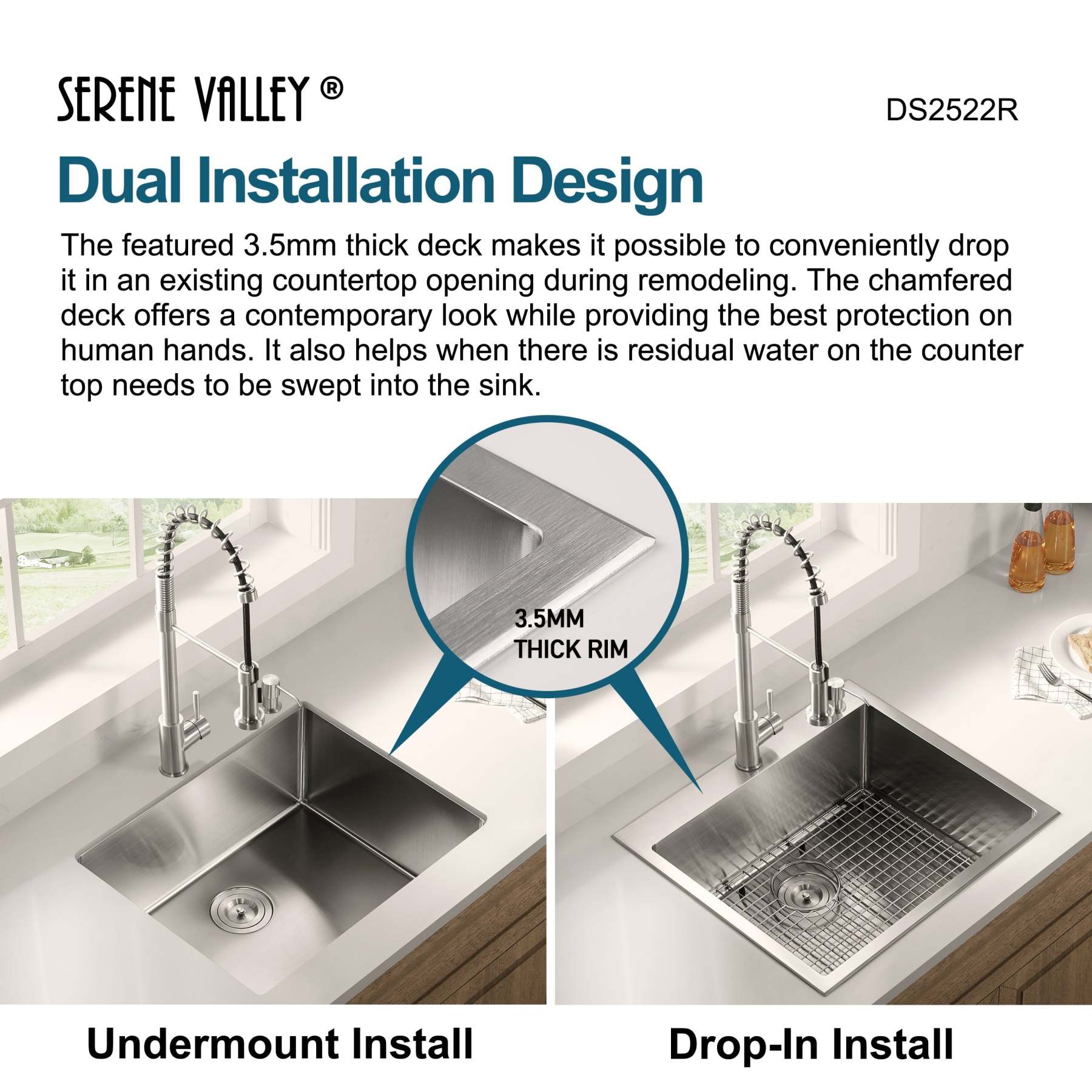 Stainless Steel 25-in. Single Bowl Drop-in or Undermount Kitchen Sink with Thick Deck and Grid, DS2522R-Serene Valley