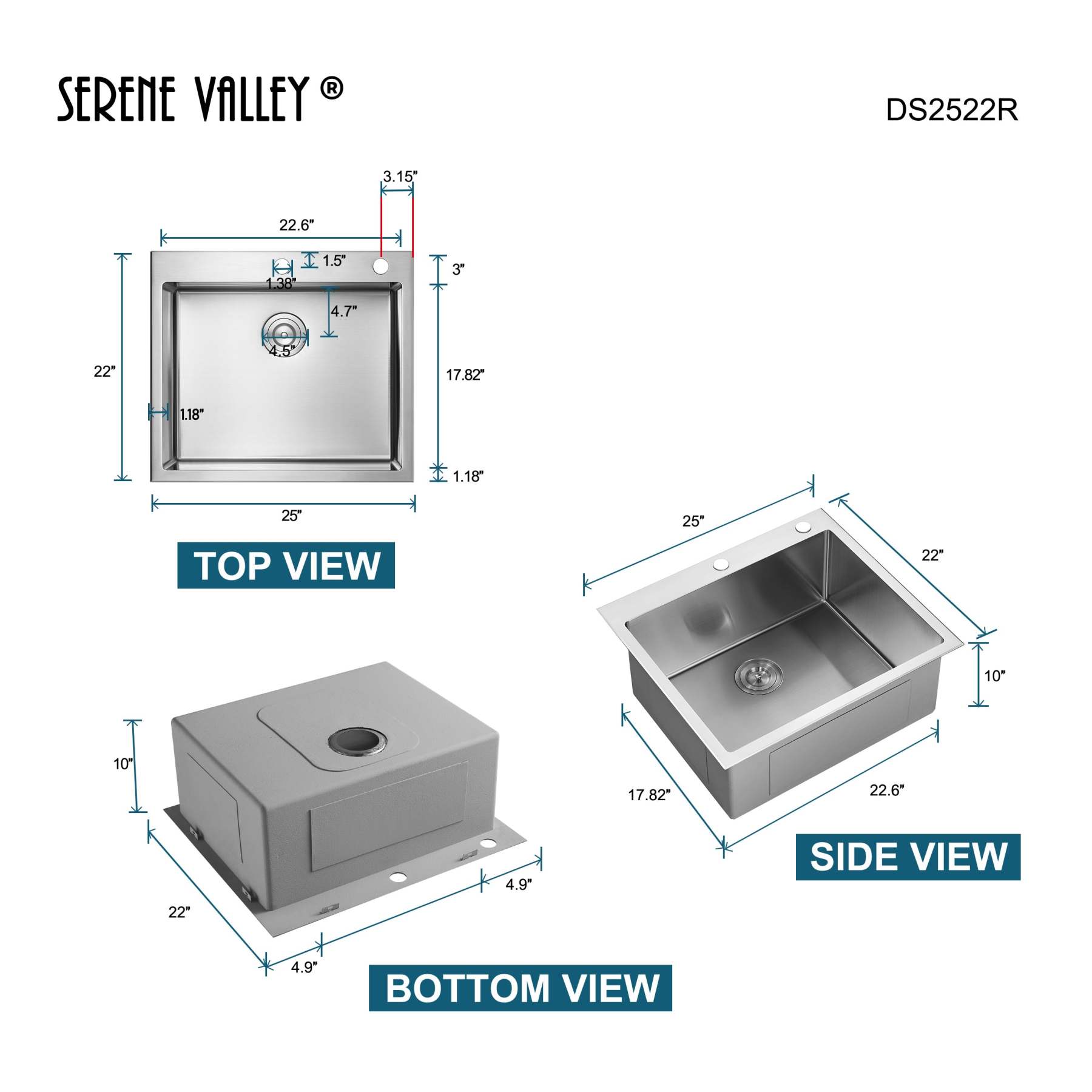 Stainless Steel 25-in. Single Bowl Drop-in or Undermount Kitchen Sink with Thick Deck and Grid, DS2522R-Serene Valley