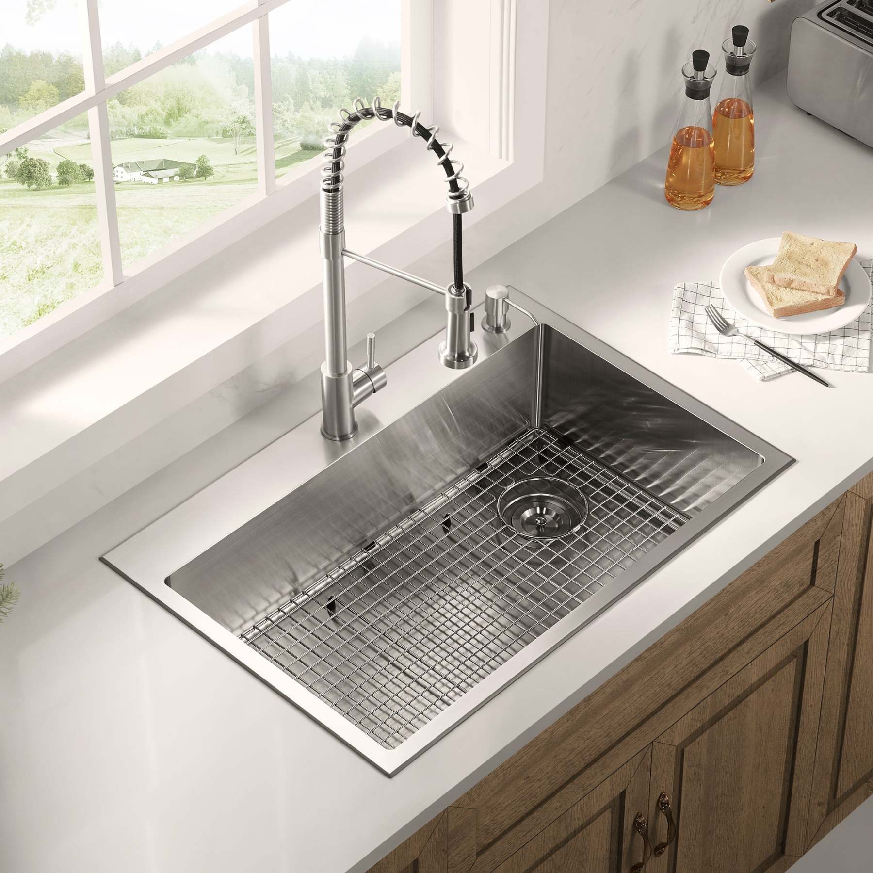 Stainless Steel 32-in. Single Bowl Drop-in or Undermount Kitchen Sink with Corner Drain and Grid, DS3222R-Serene Valley