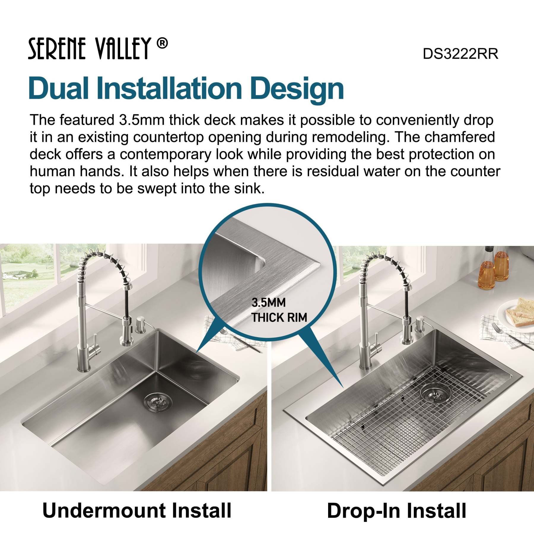 Stainless Steel 32-in. Single Bowl Drop-in or Undermount Kitchen Sink with Corner Drain and Grid, DS3222R-Serene Valley