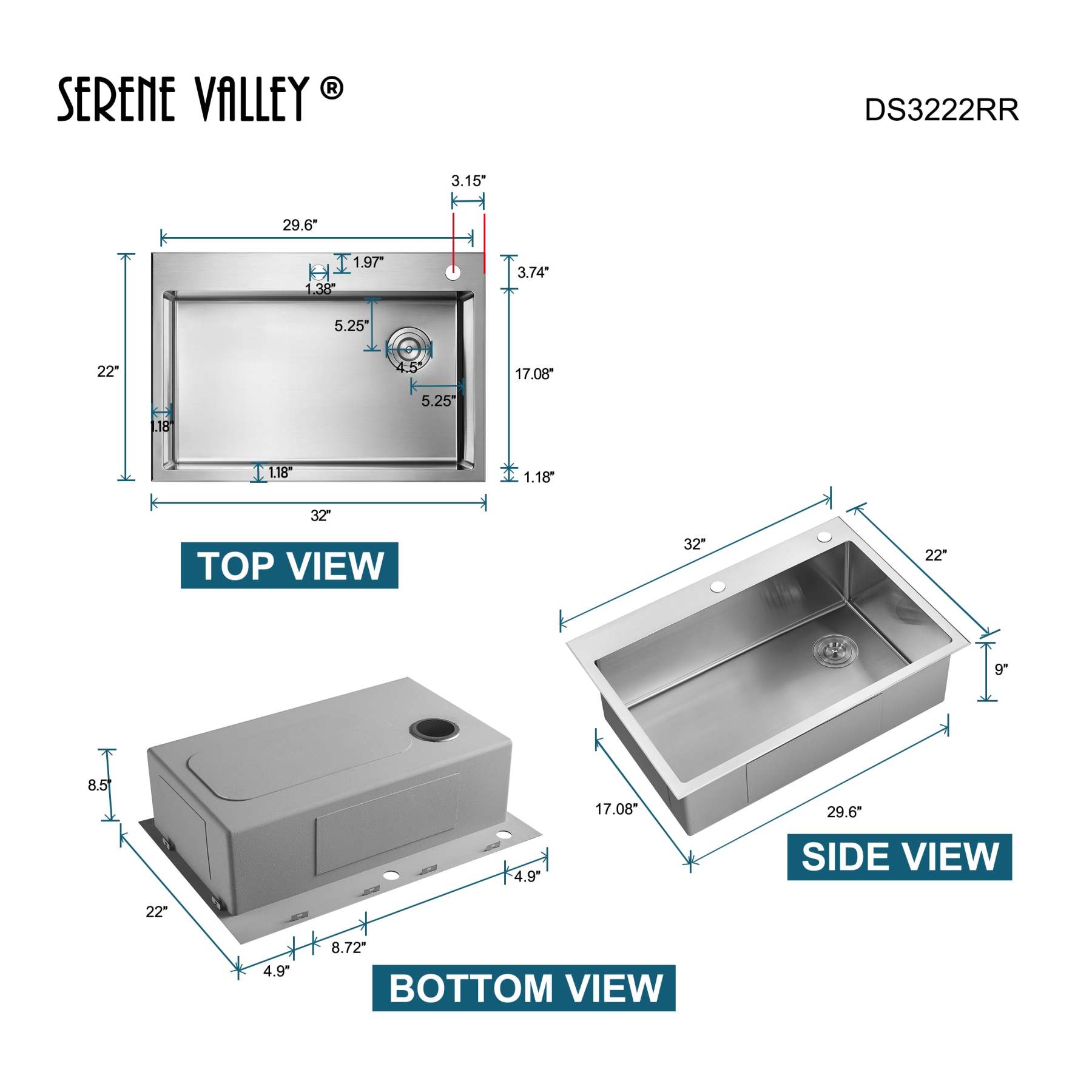 Stainless Steel 32-in. Single Bowl Drop-in or Undermount Kitchen Sink with Corner Drain and Grid, DS3222R-Serene Valley