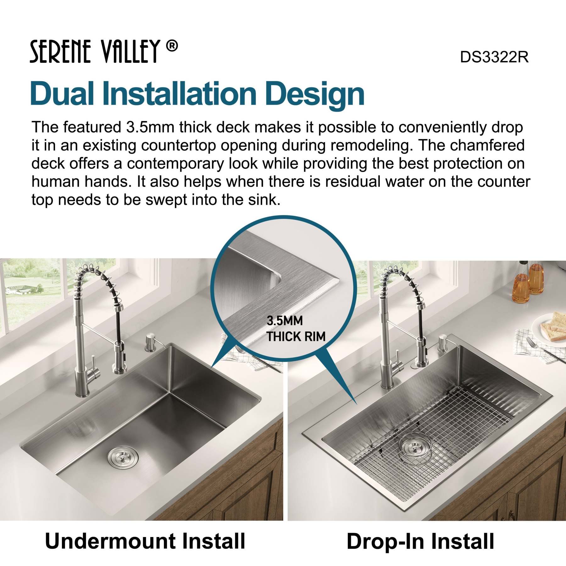 Stainless Steel 33-in. Single Bowl Drop-in or Undermount Kitchen Sink with Thick Deck and Grid, DS3322R-Serene Valley