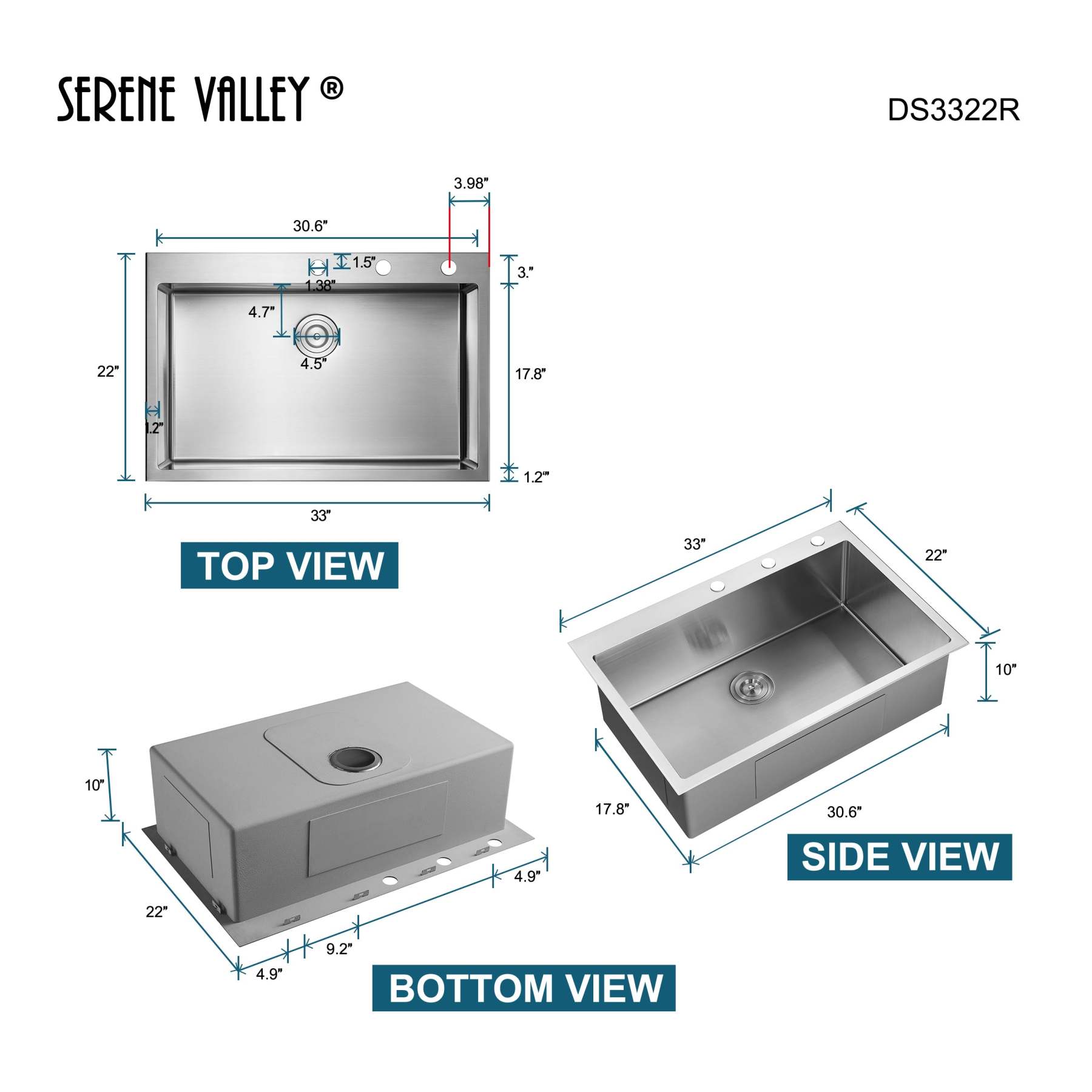 Stainless Steel 33-in. Single Bowl Drop-in or Undermount Kitchen Sink with Thick Deck and Grid, DS3322R-Serene Valley
