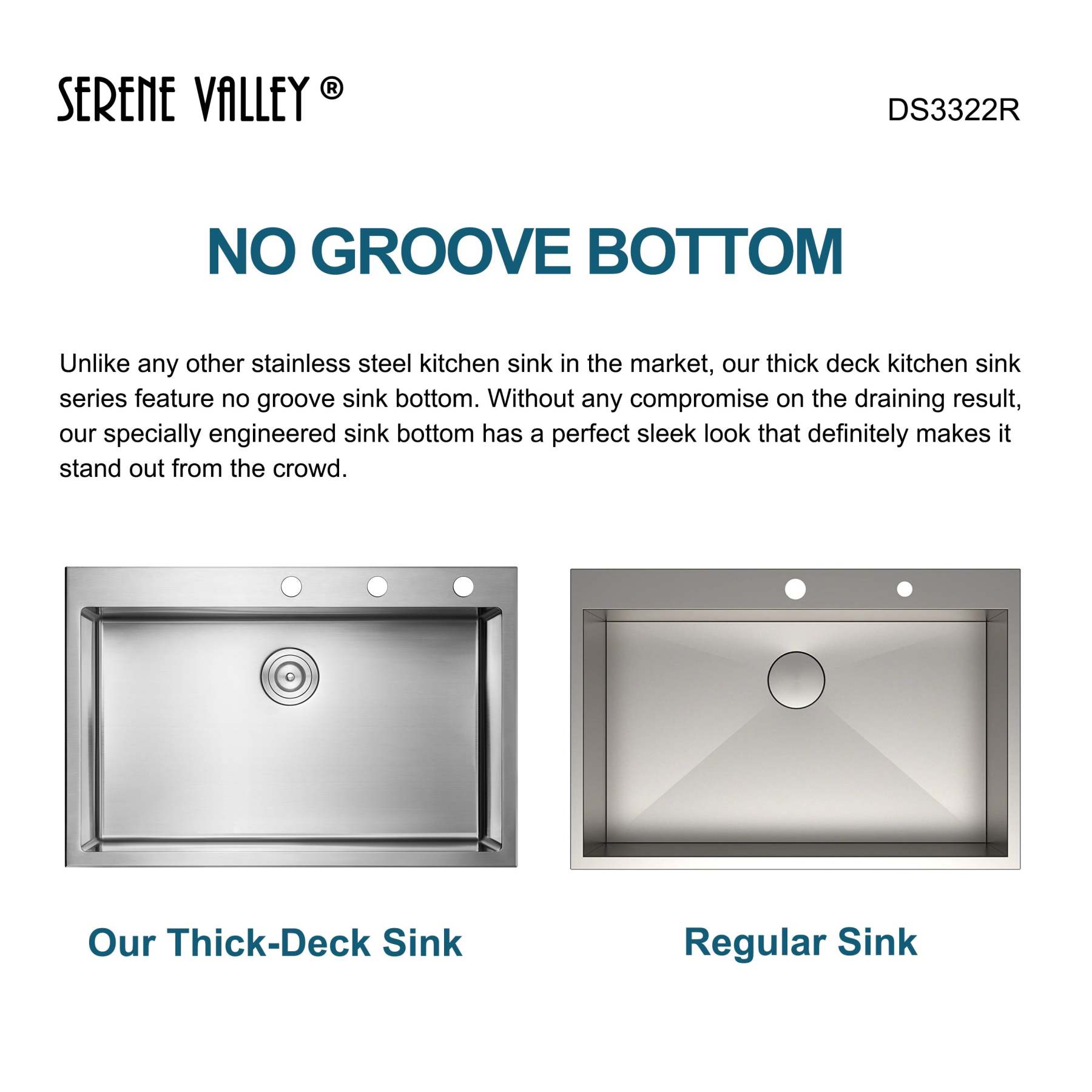 Stainless Steel 33-in. Single Bowl Drop-in or Undermount Kitchen Sink with Thick Deck and Grid, DS3322R-Serene Valley
