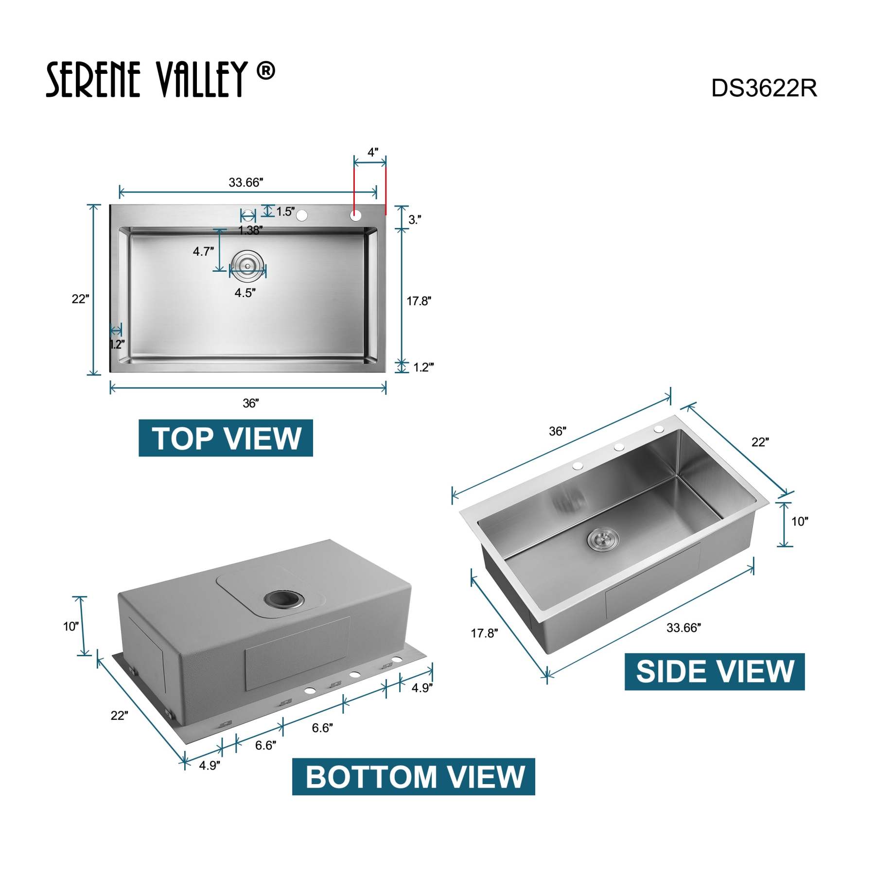Stainless Steel 36-in. Single Bowl Drop-in or Undermount Kitchen Sink with Thick Deck and Grid, DS3622R-Serene Valley