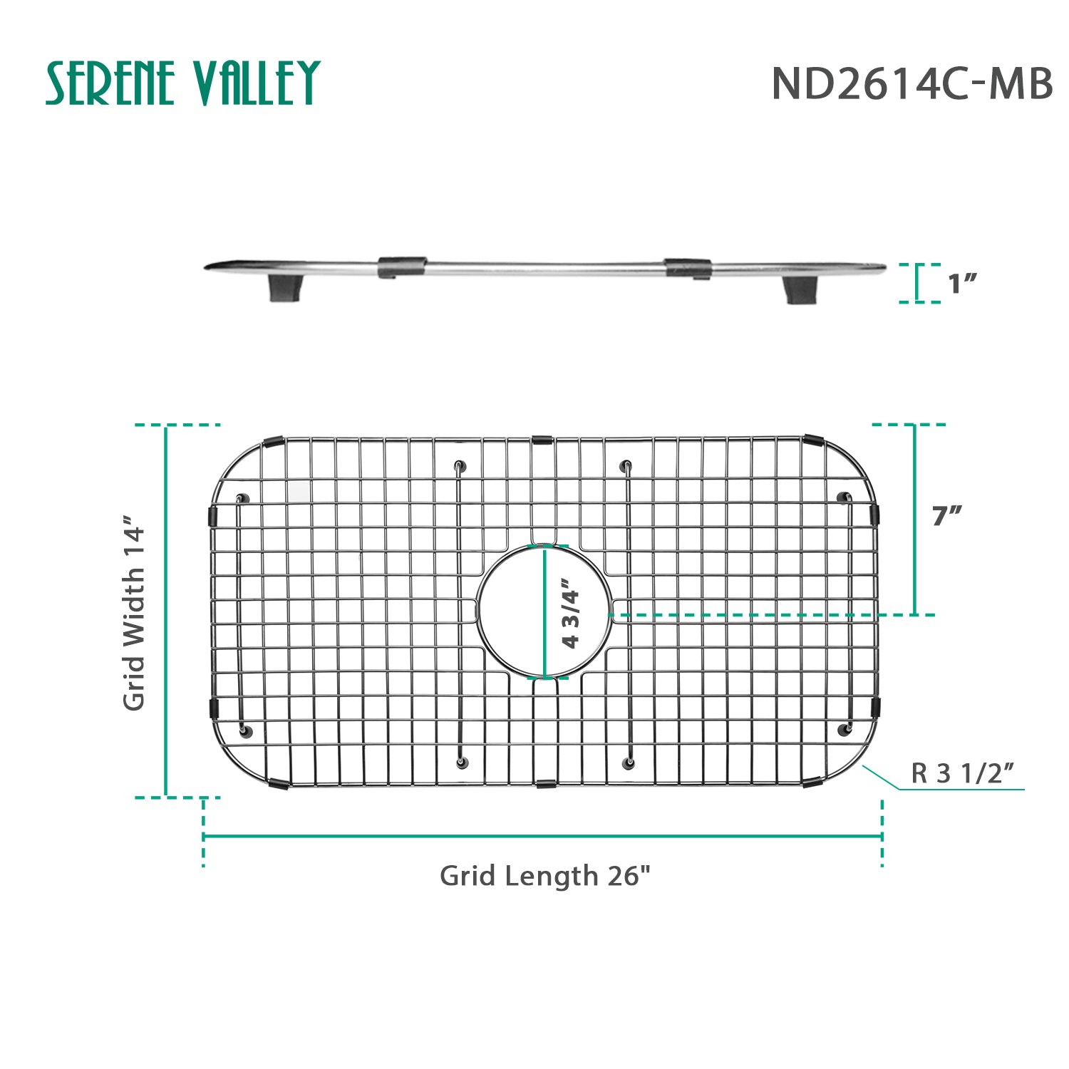 Serene Valley Sink Bottom Grid 26" x 14", Matte Black Color, Centered Drain with Corner Radius 3-1/2", ND2614C-MB-Serene Valley