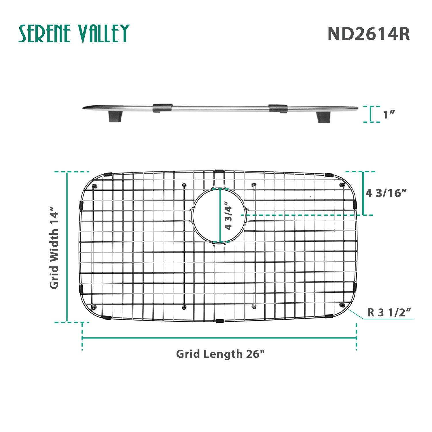 Serene Valley Sink Bottom Grid 26" x 14", Rear Drain with Corner Radius 3-1/2", ND2614R-Serene Valley