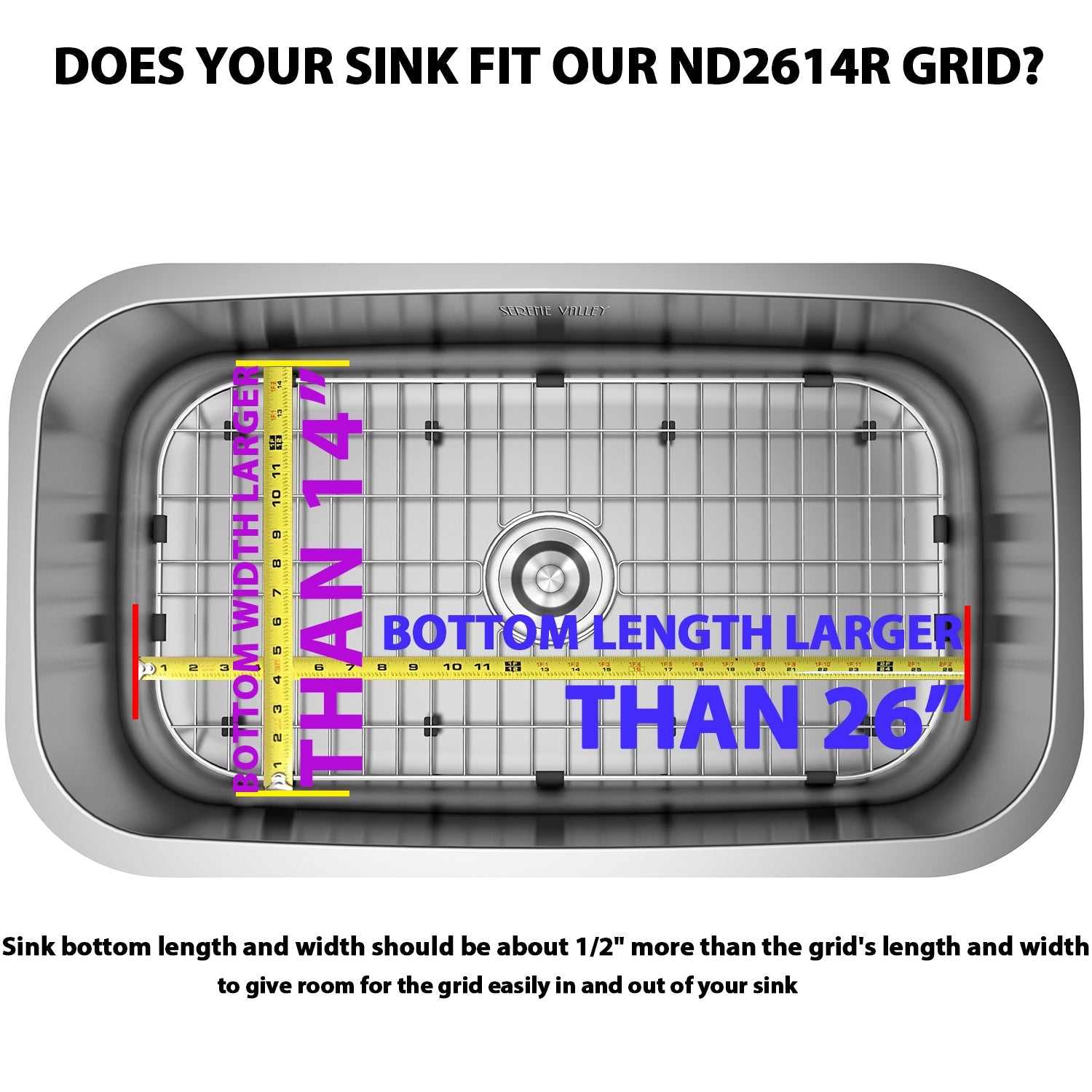 Serene Valley Sink Bottom Grid 26" x 14", Rear Drain with Corner Radius 3-1/2", ND2614R-Serene Valley