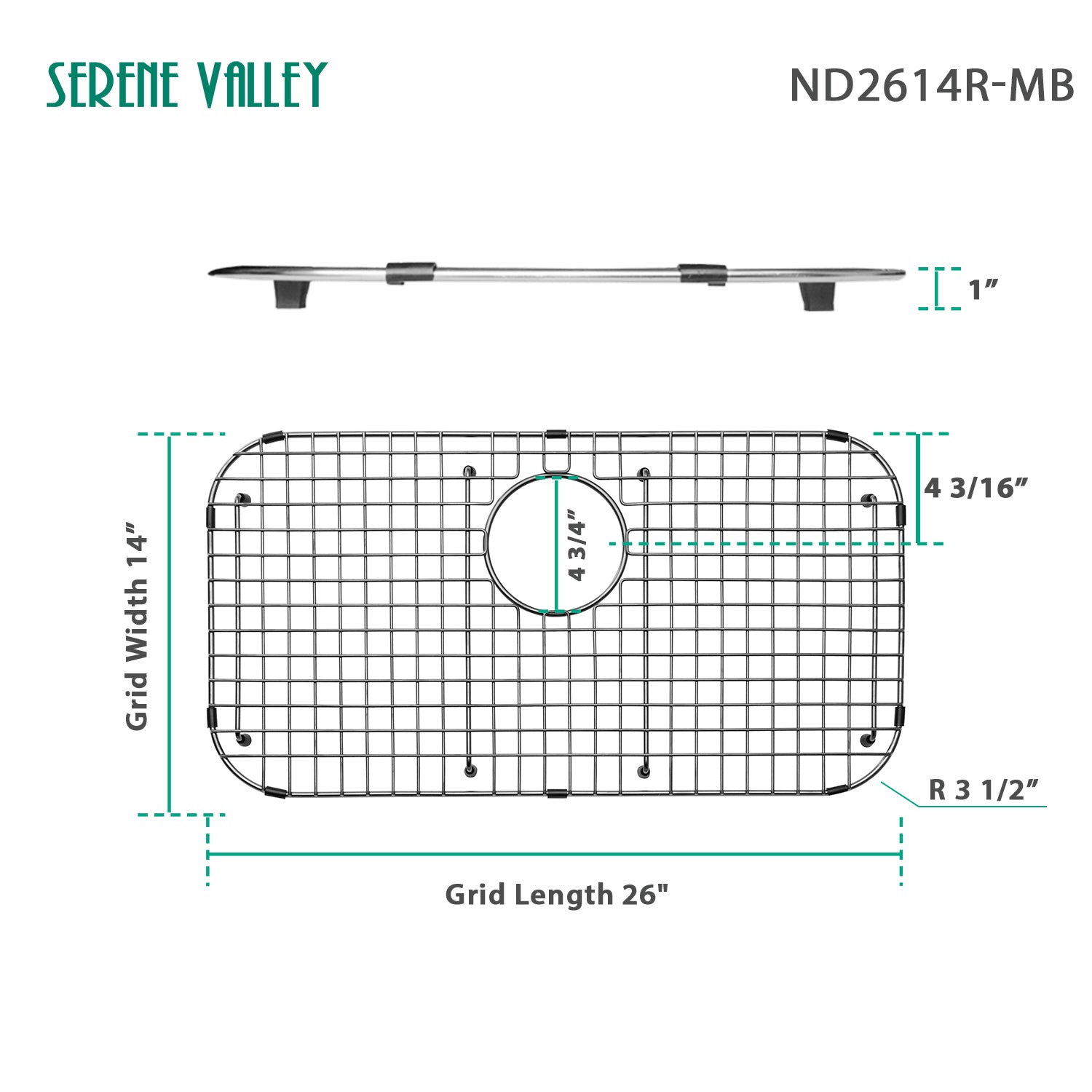 Serene Valley Sink Bottom Grid 26" x 14", Matte Black Color, Rear Drain with Corner Radius 3-1/2", ND2614R-MB-Serene Valley