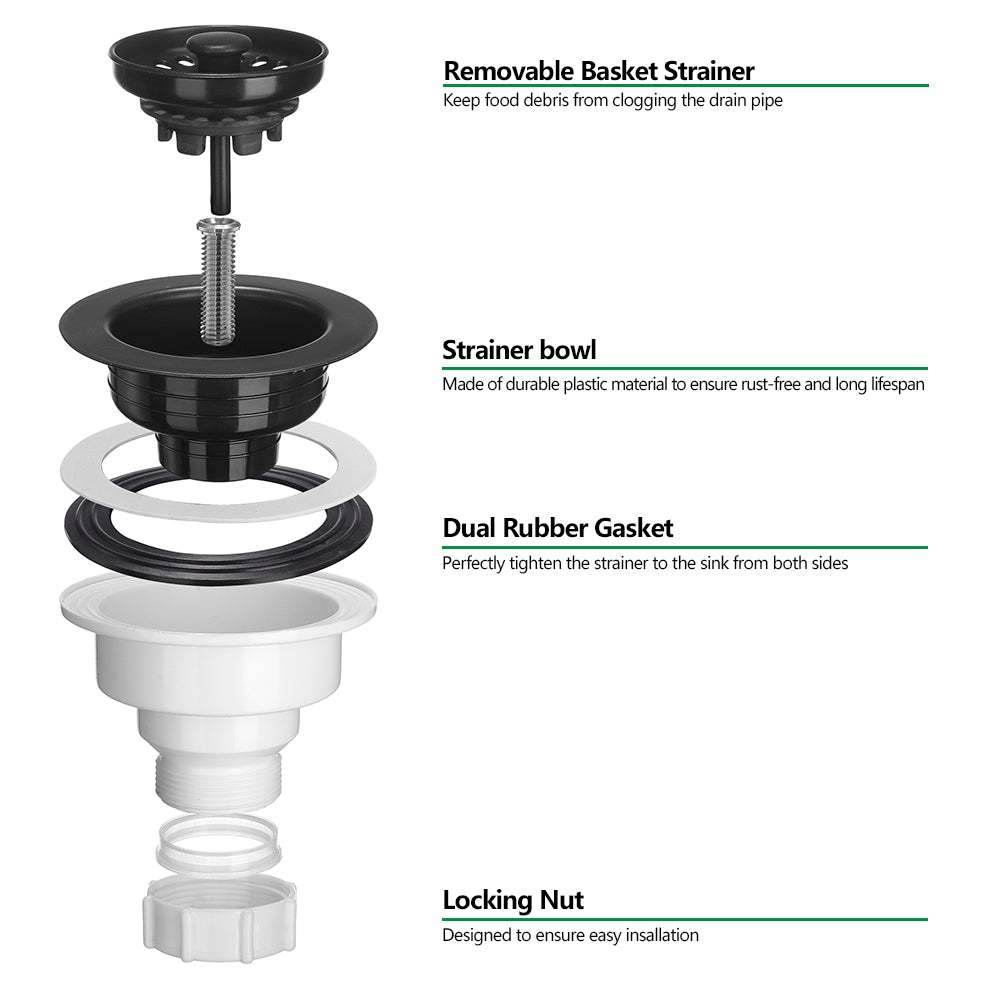 3-1/2 inch Kitchen Sink Strainer Assembly with Stopper for Matching Color of Granite or Fireclay Sinks - Black NDA0052-Serene Valley