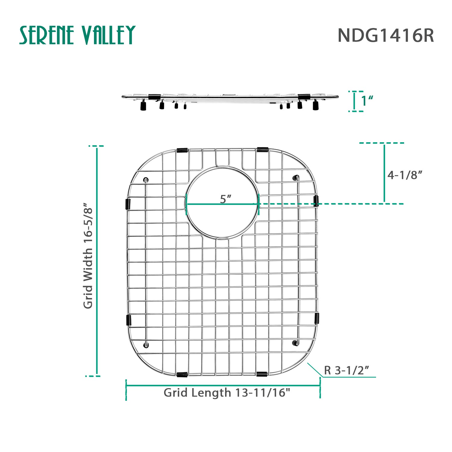 Sink Bottom Grid 13-11/16" X 16-5/8", Rear Drain with Corner Radius 3-1/2", Sink Protector NDG1416R-Serene Valley