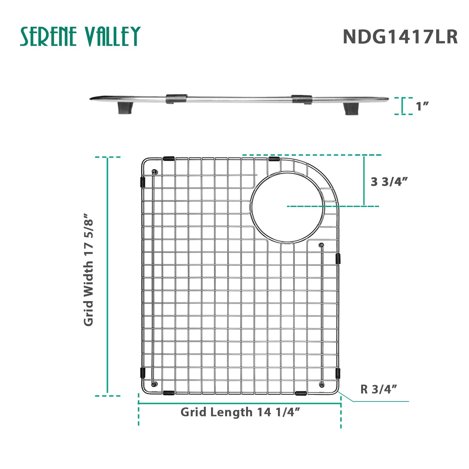 Serene Valley Sink Bottom Grid 14-1/4" x 17-5/8", Rear Corner Drain with Radius 3-3/4", Sink Grid Stainless Steel NDG1417LR.-Serene Valley
