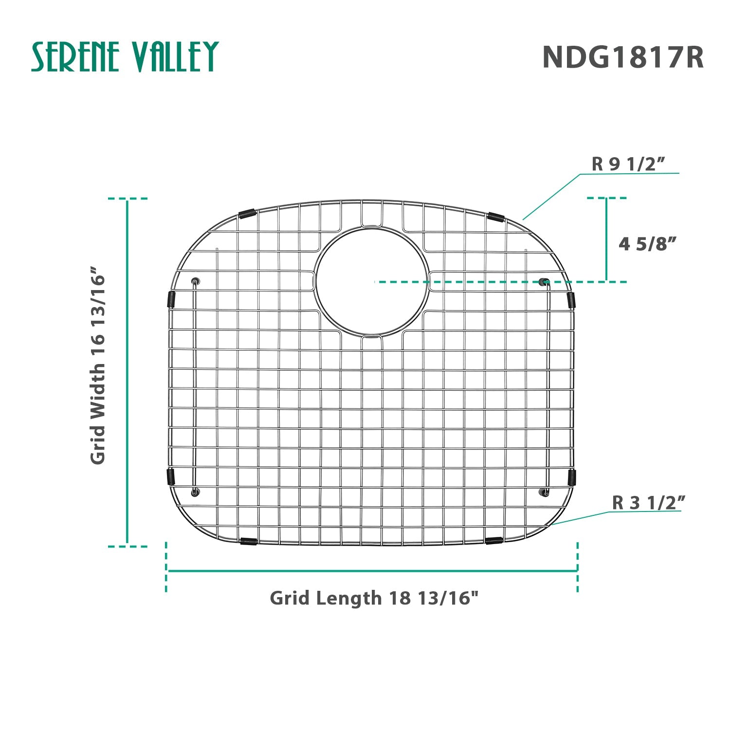 Sink Grid 18-13/16" x 16-13/16", Rear Drain with Bottom Corner Radius 3-1/2" and Top Corner Radius 9-1/2", NDG1817R-Serene Valley