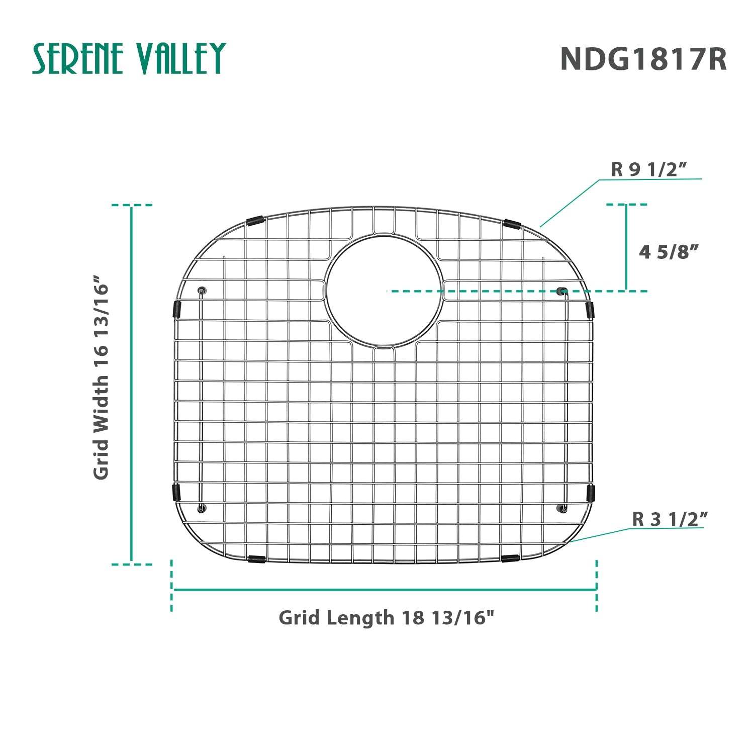 Sink Grid 18-13/16" x 16-13/16", Rear Drain with Bottom Corner Radius 3-1/2" and Top Corner Radius 9-1/2", NDG1817R-Serene Valley
