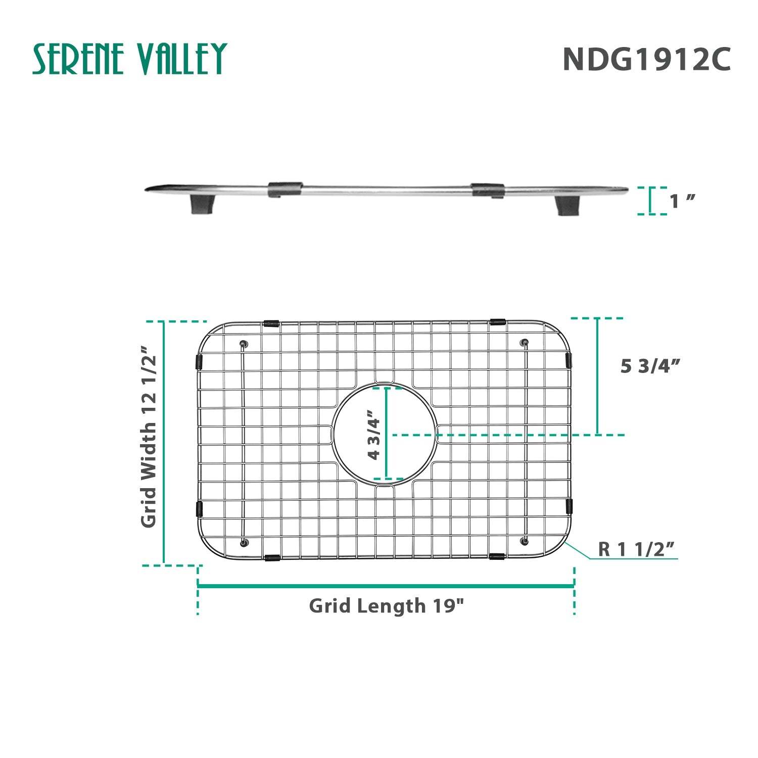Serene Valley Sink Bottom Grid 19" x 12-1/2", Centered Drain with Corner Radius 1-1/2", NDG1912C-Serene Valley
